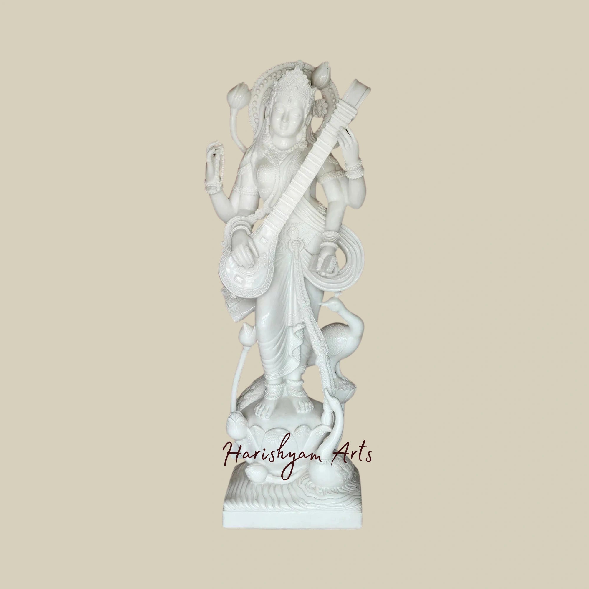 60" Large Saraswati Idol Seated on Lotus Makrana Marble Masterpiece3