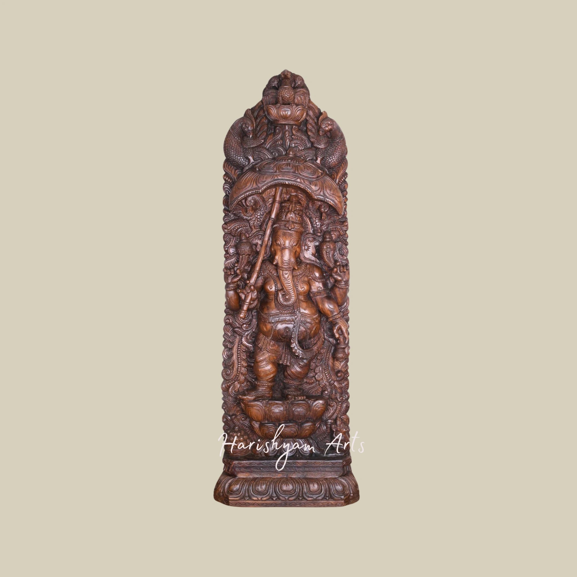 60" Traditional Wooden Ganesha Sculpture on Double Petal Lotus Holding Umbrella and Kamandalam with Peacock Designed Jali Work