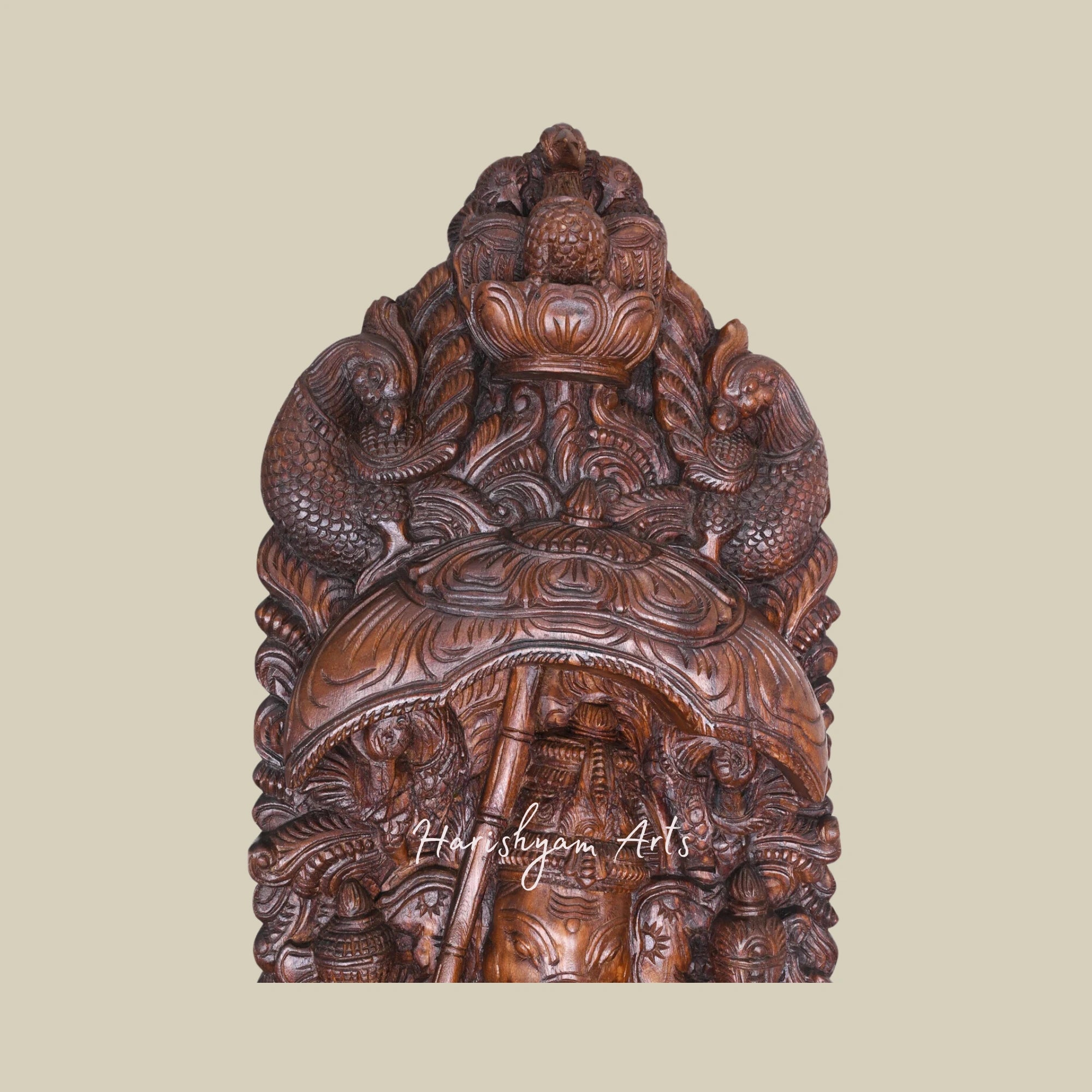 60" Traditional Wooden Ganesha Sculpture on Double Petal Lotus Holding Umbrella and Kamandalam with Peacock Designed Jali Work1