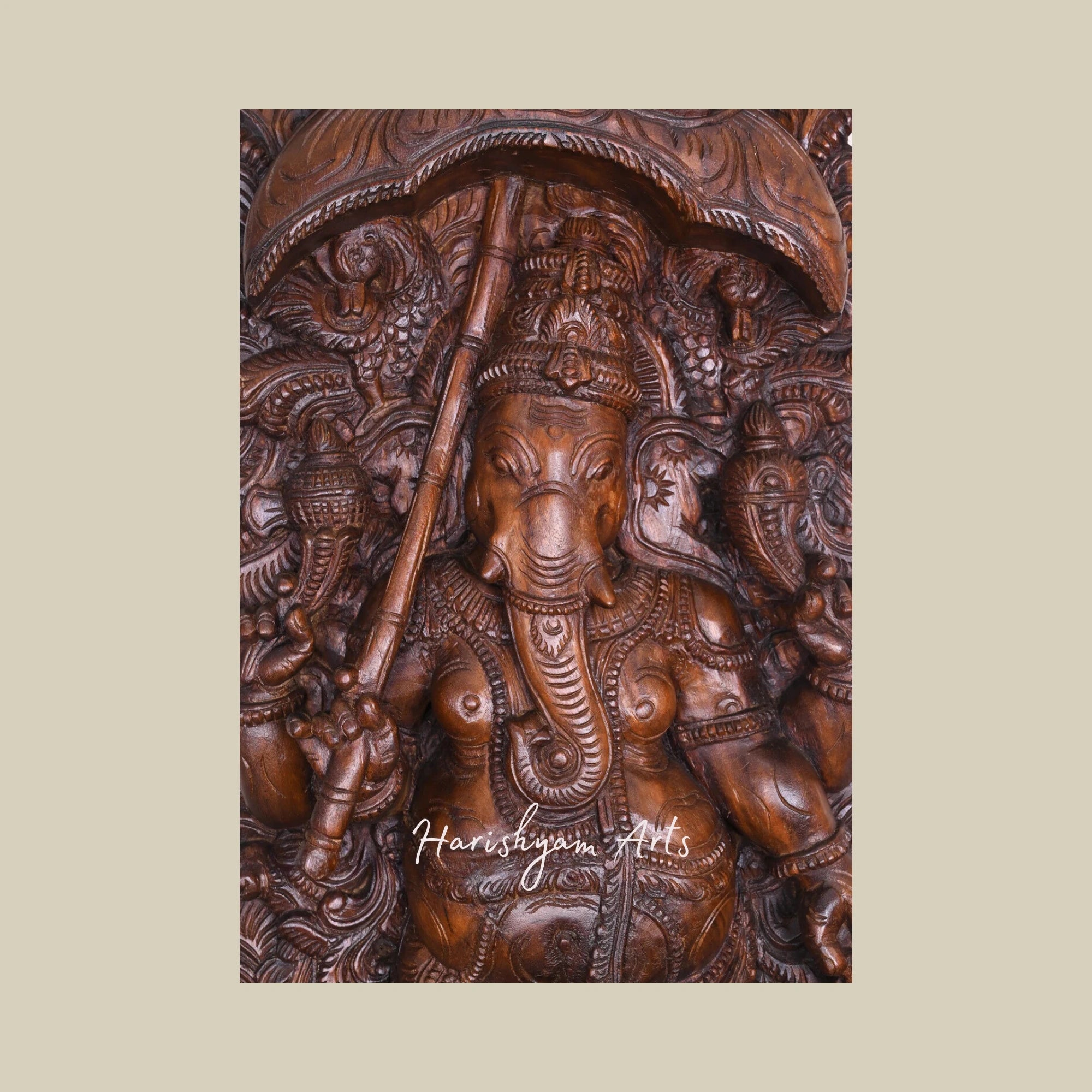 60" Traditional Wooden Ganesha Sculpture on Double Petal Lotus Holding Umbrella and Kamandalam with Peacock Designed Jali Work2