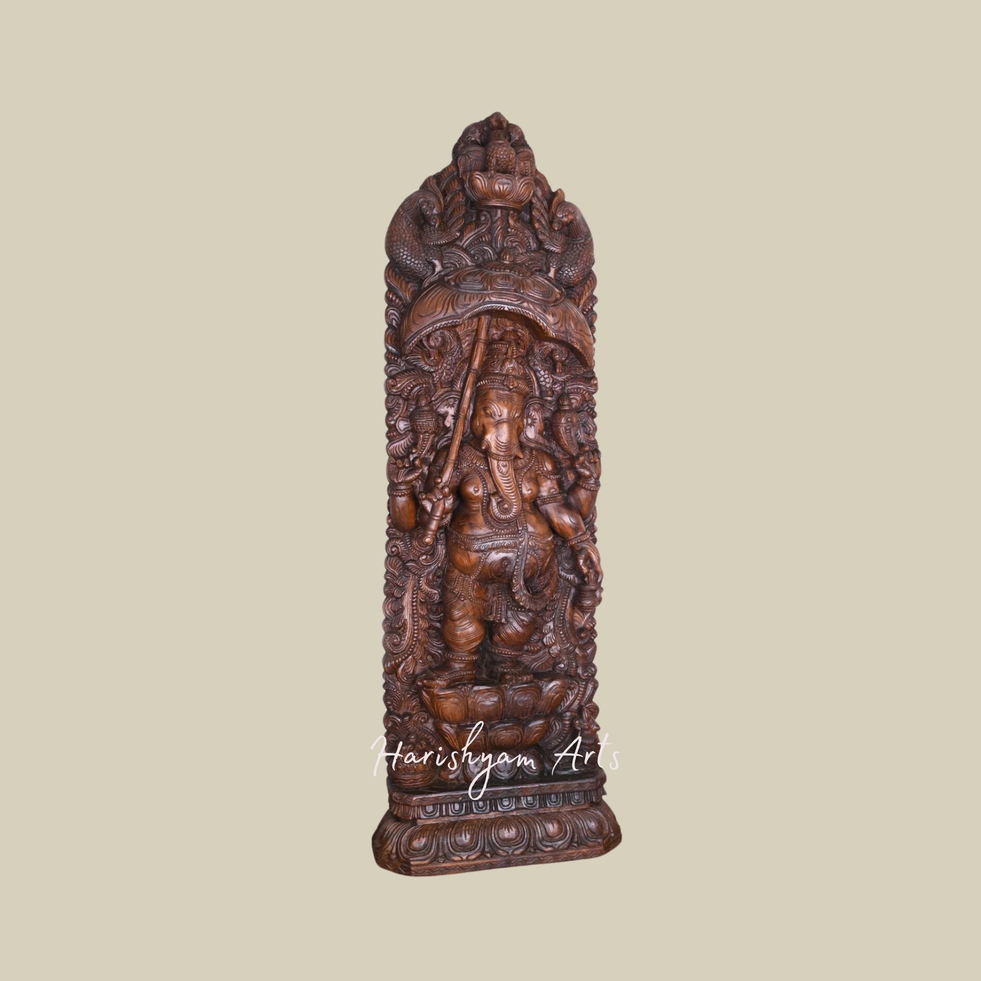 60" Traditional Wooden Ganesha Sculpture on Double Petal Lotus Holding Umbrella and Kamandalam with Peacock Designed Jali Work3