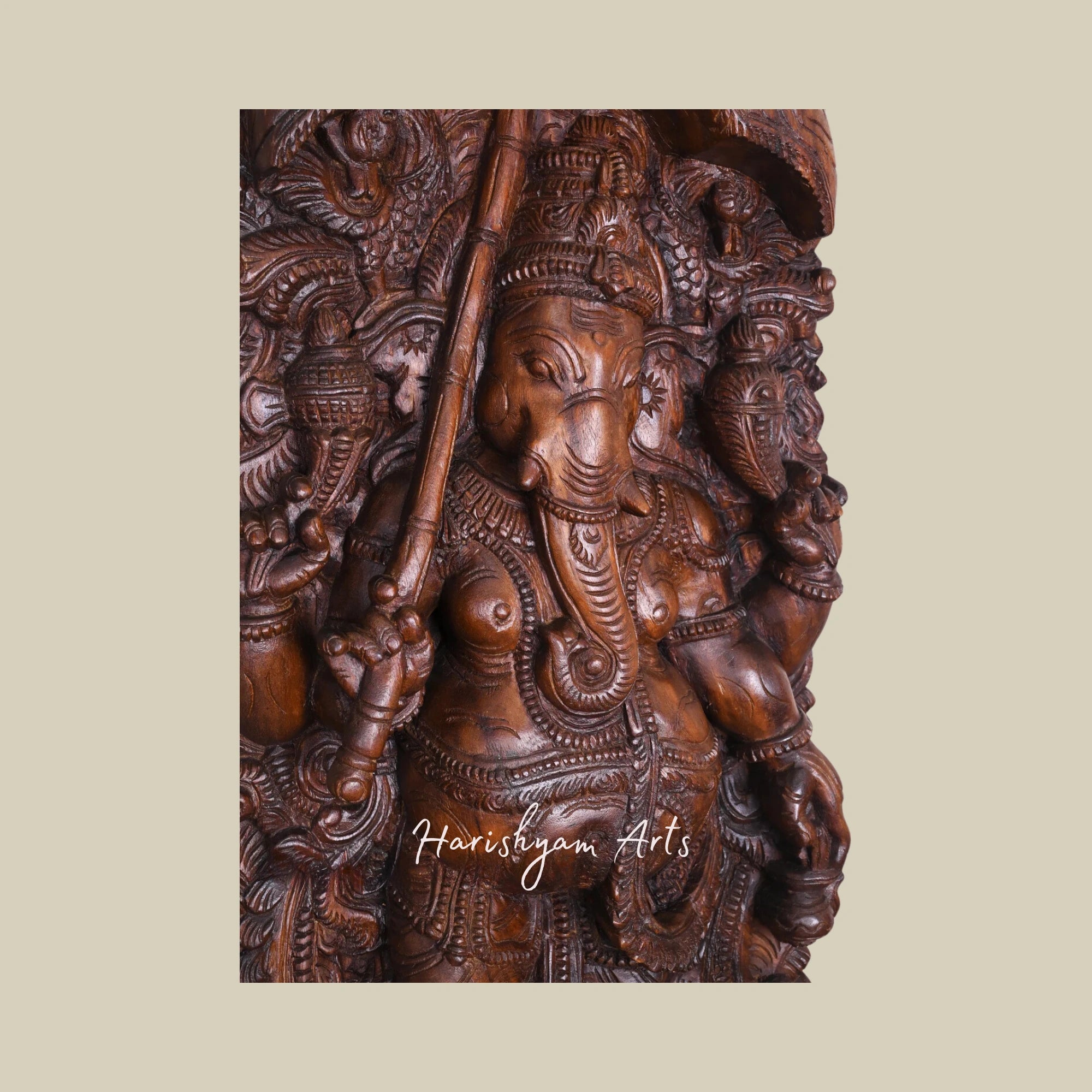 60" Traditional Wooden Ganesha Sculpture on Double Petal Lotus Holding Umbrella and Kamandalam with Peacock Designed Jali Work5