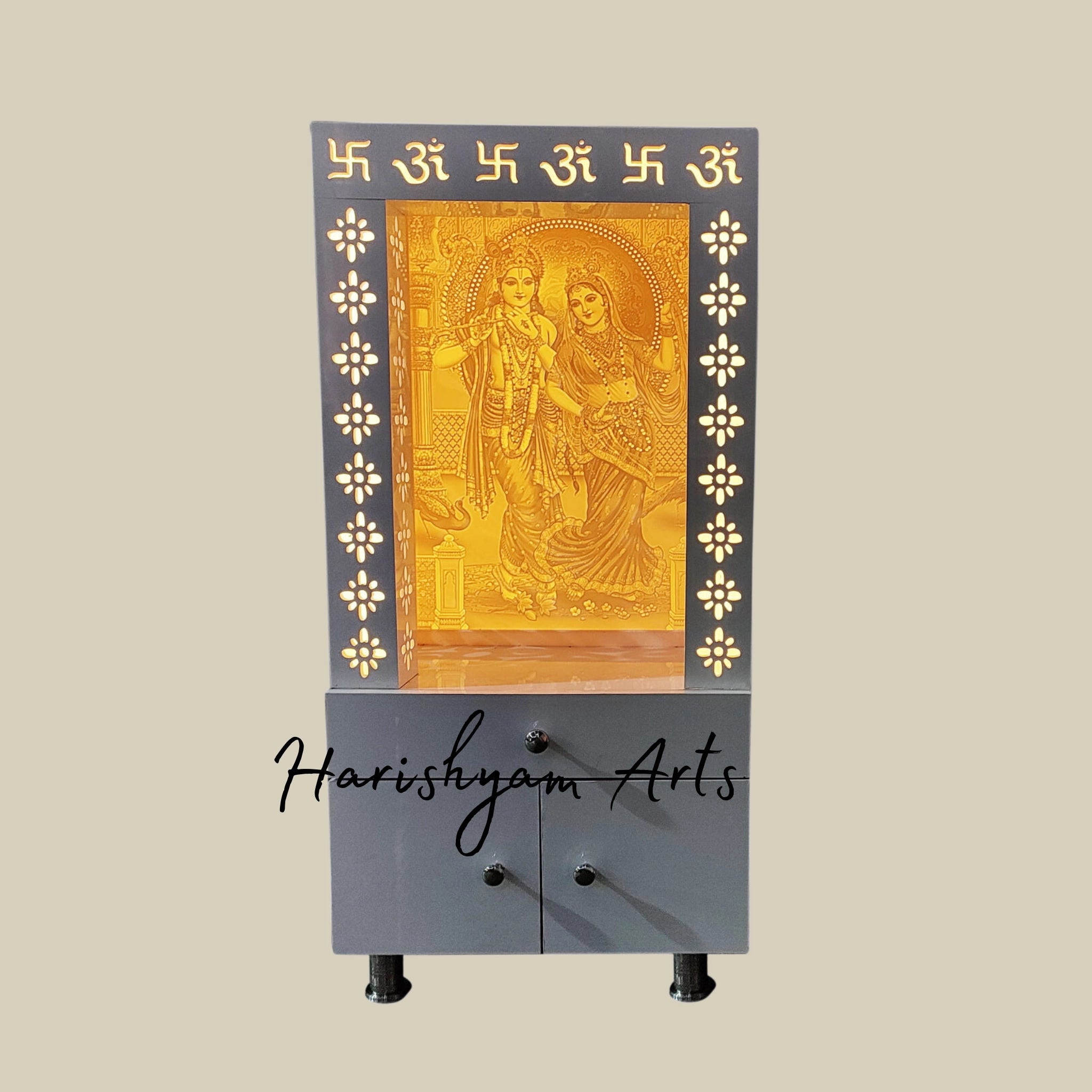 60" Corian Home Temple with Illuminated Radha Krishna Artwork