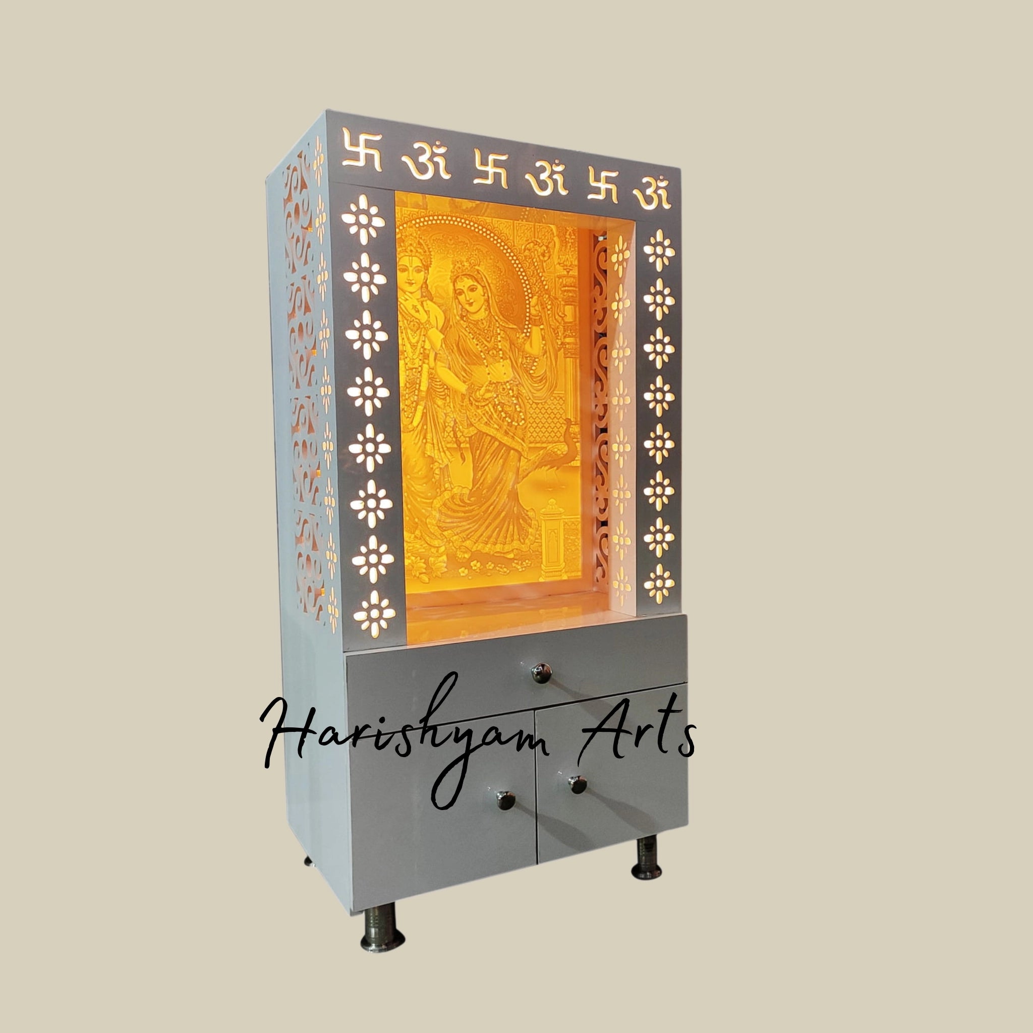 60" Corian Home Temple with Illuminated Radha Krishna Artwork5