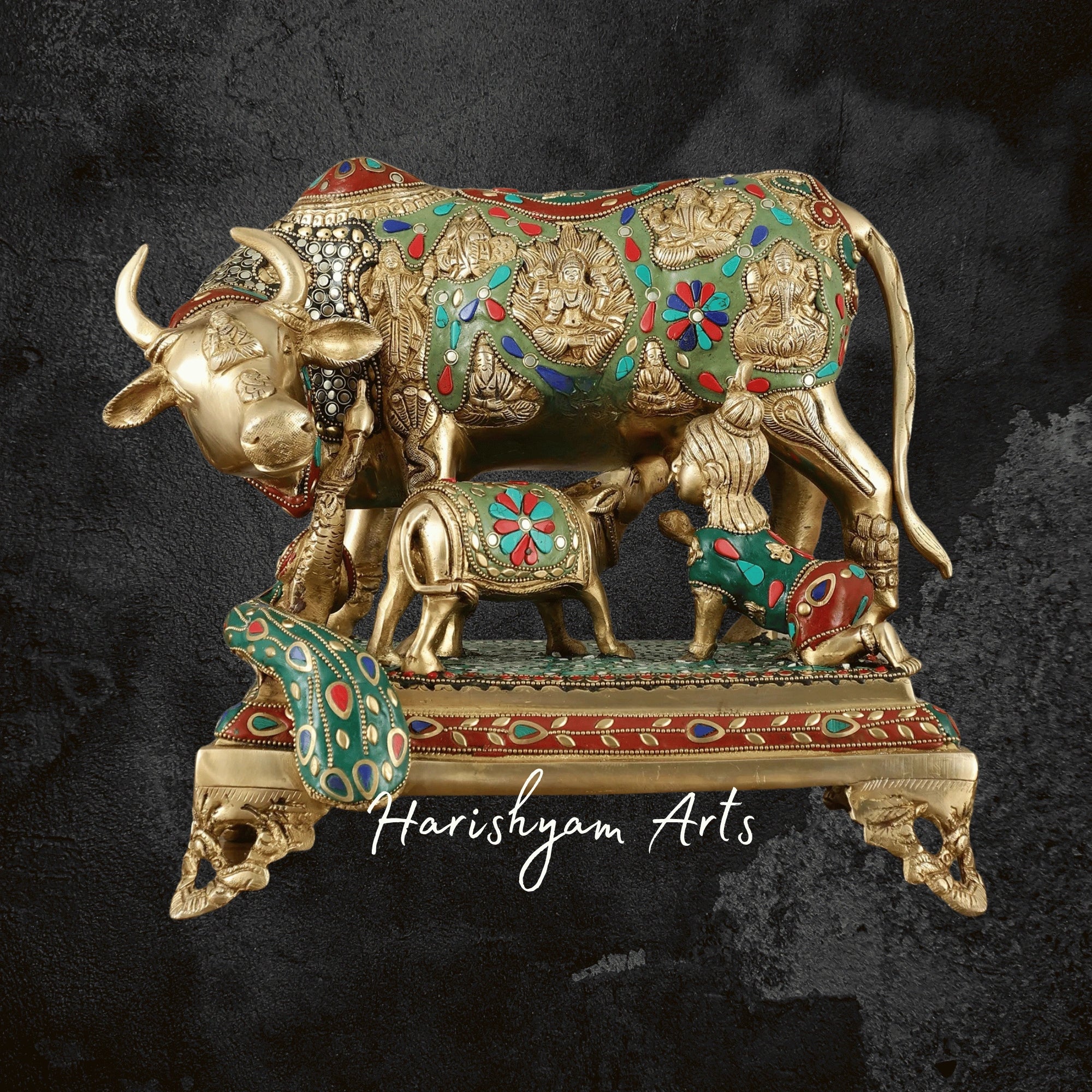18" Handcrafted Brass Cow and Calf with Deities for Mandir Use