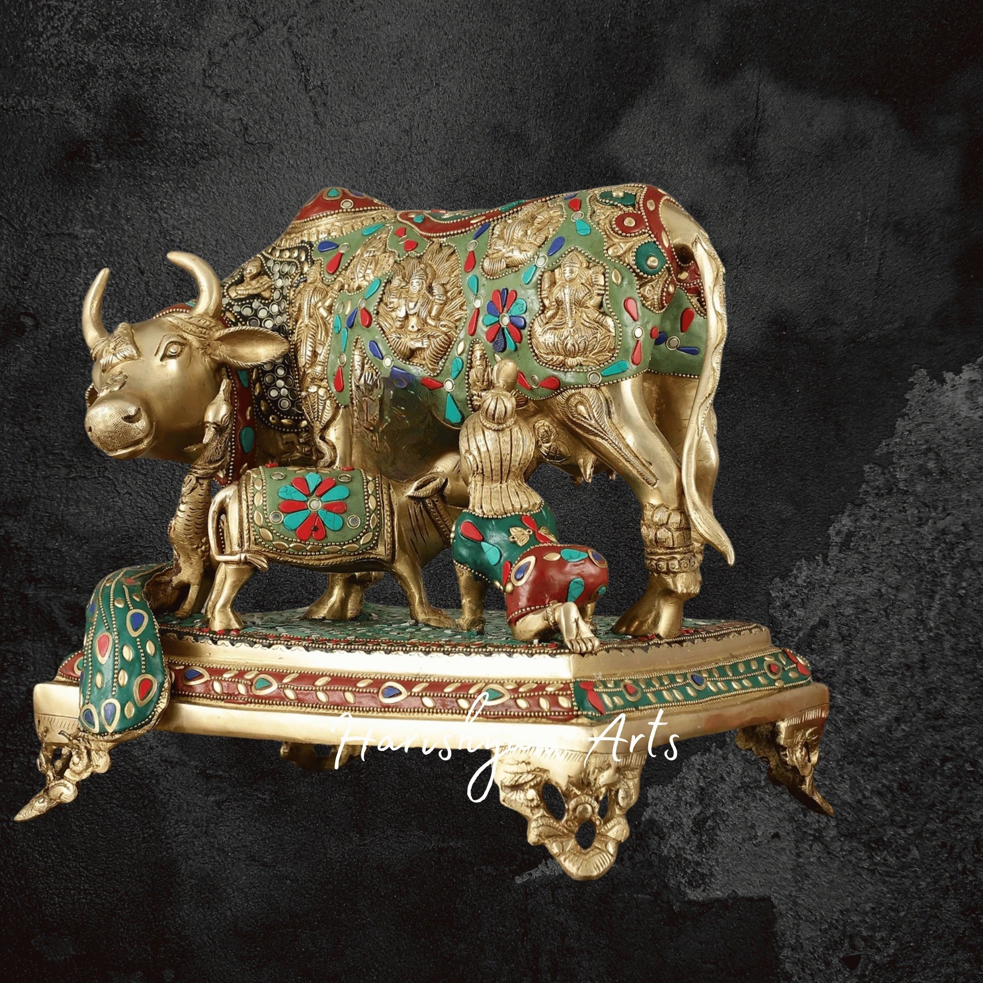 18" Handcrafted Brass Cow and Calf with Deities for Mandir Use
