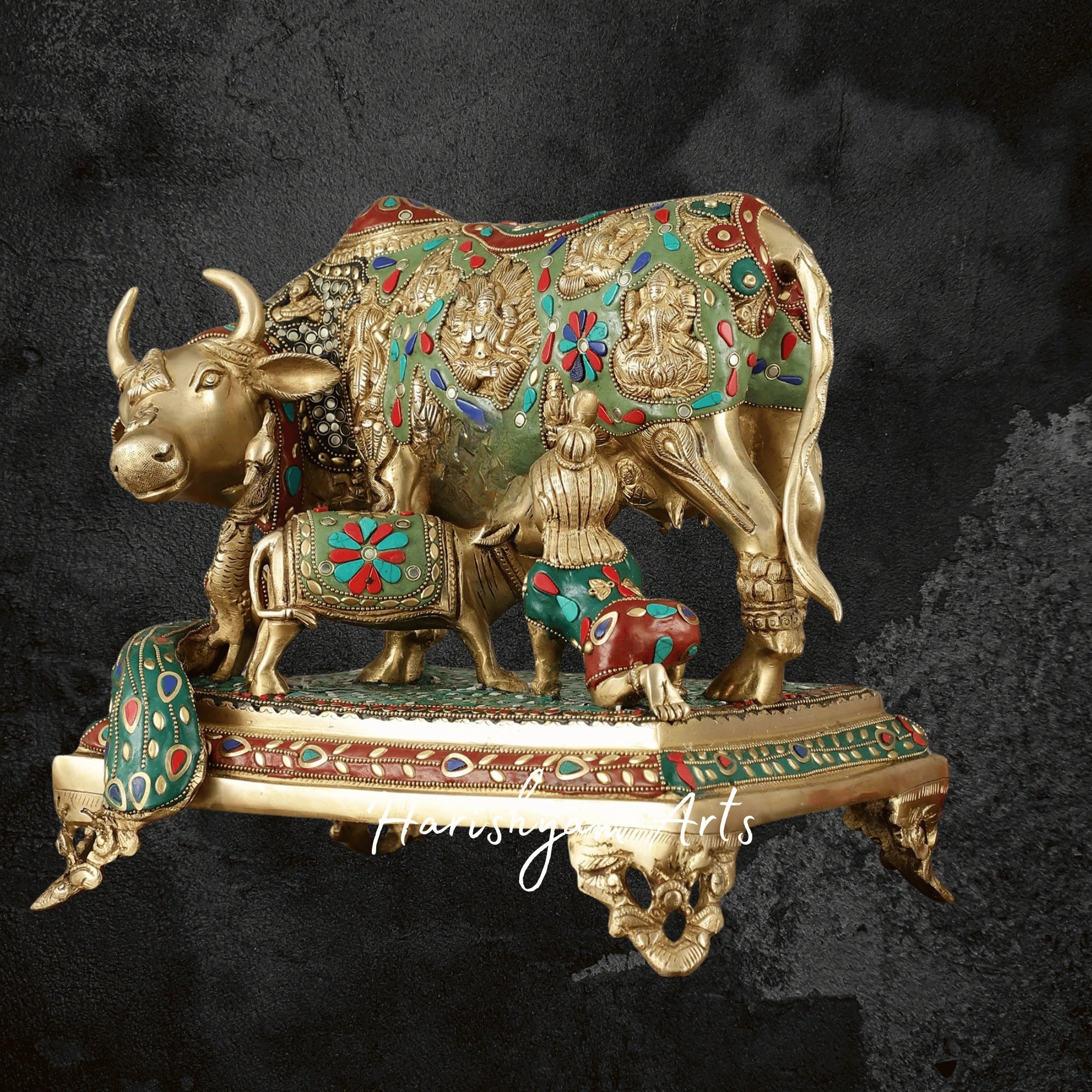 18" Handcrafted Brass Cow and Calf with Deities for Mandir Use