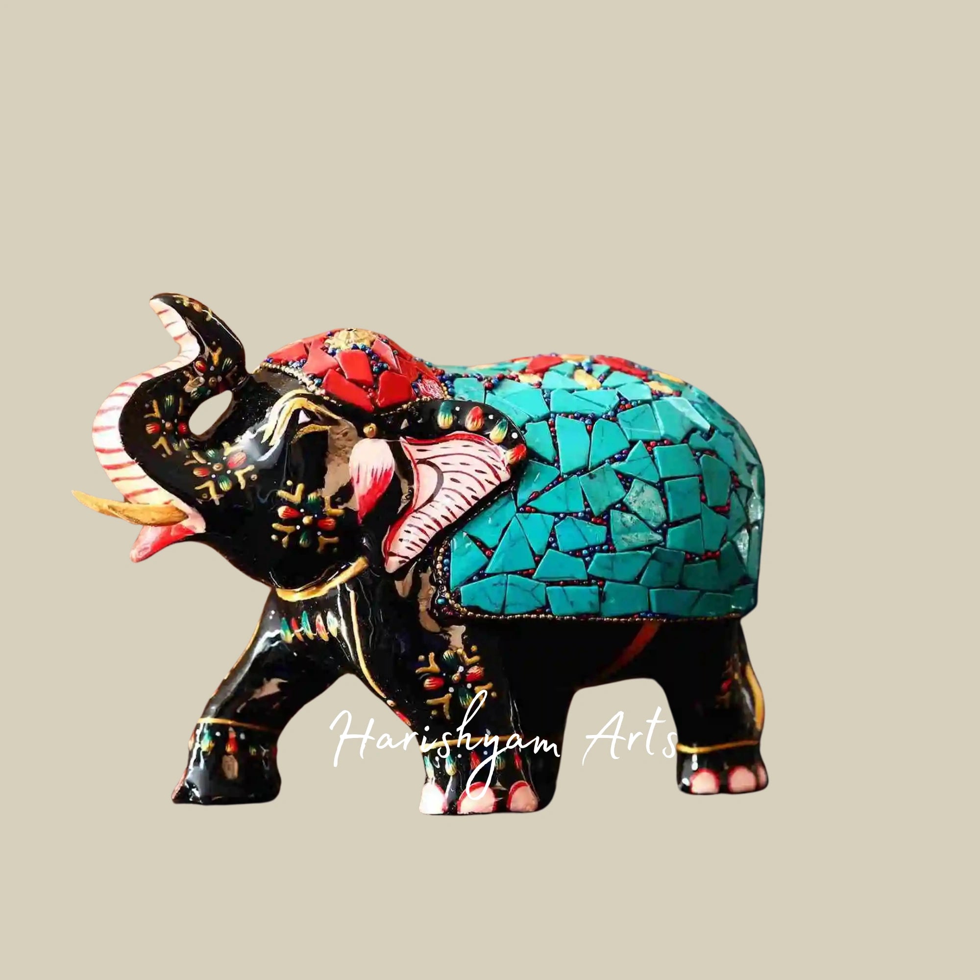 6" Wooden Hand-Painted Elephant with Gemstone Embellishments