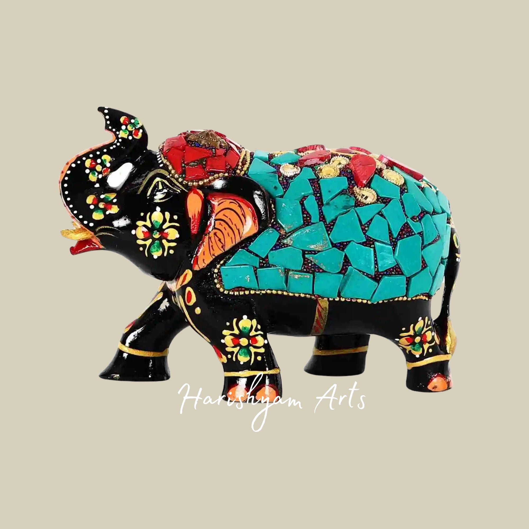 6" Wooden Hand-Painted Elephant with Gemstone Embellishments1