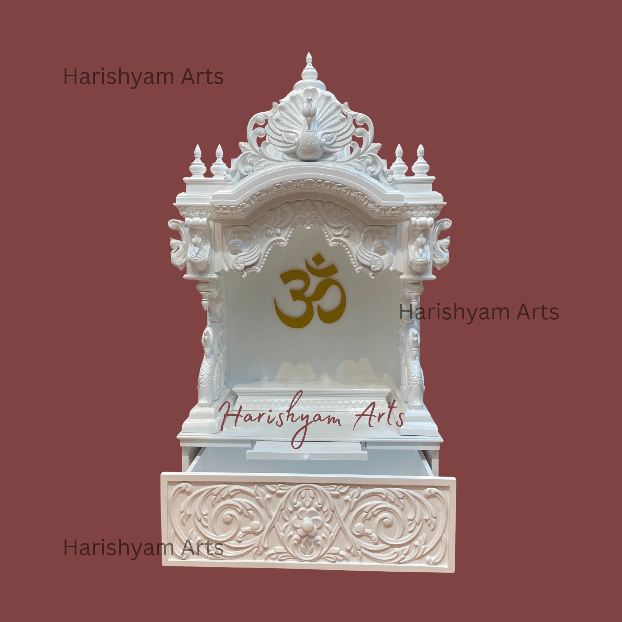 48" White Teak Wood Mandir with "Golden OM"