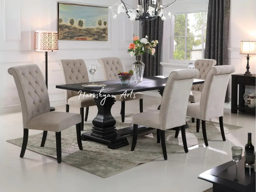 7-Piece Carved Linen Chairs Dining Table Set