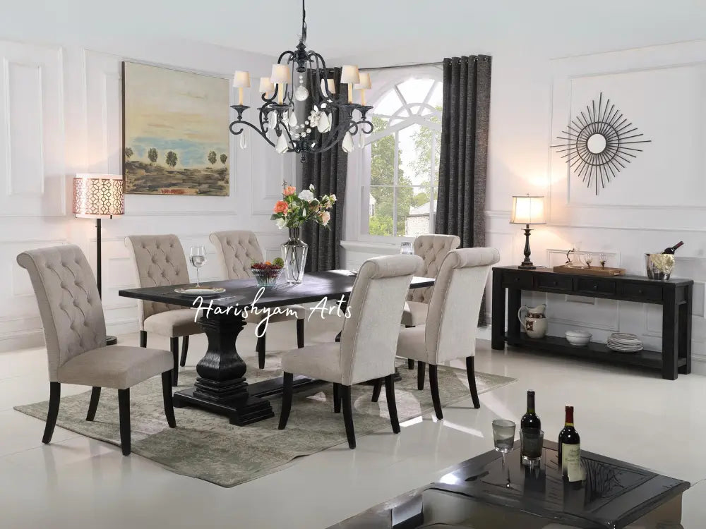 7-Piece Carved Linen Chairs Dining Table Set