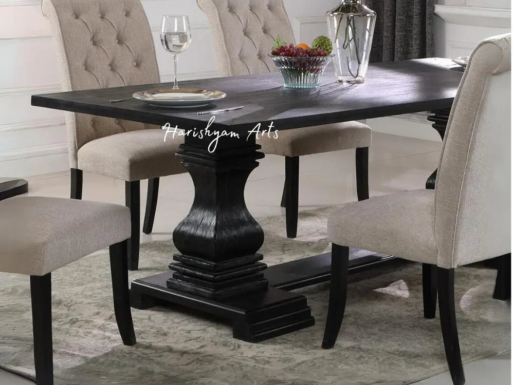 7-Piece Carved Linen Chairs Dining Table Set