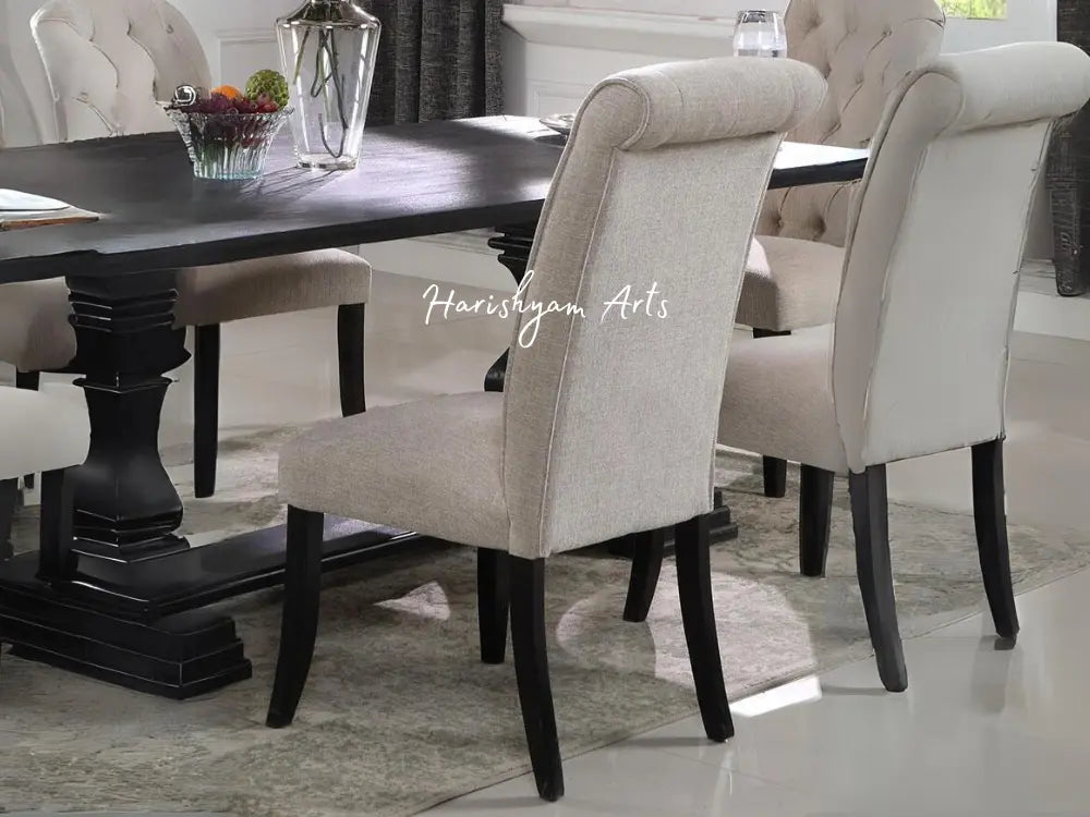 7-Piece Carved Linen Chairs Dining Table Set