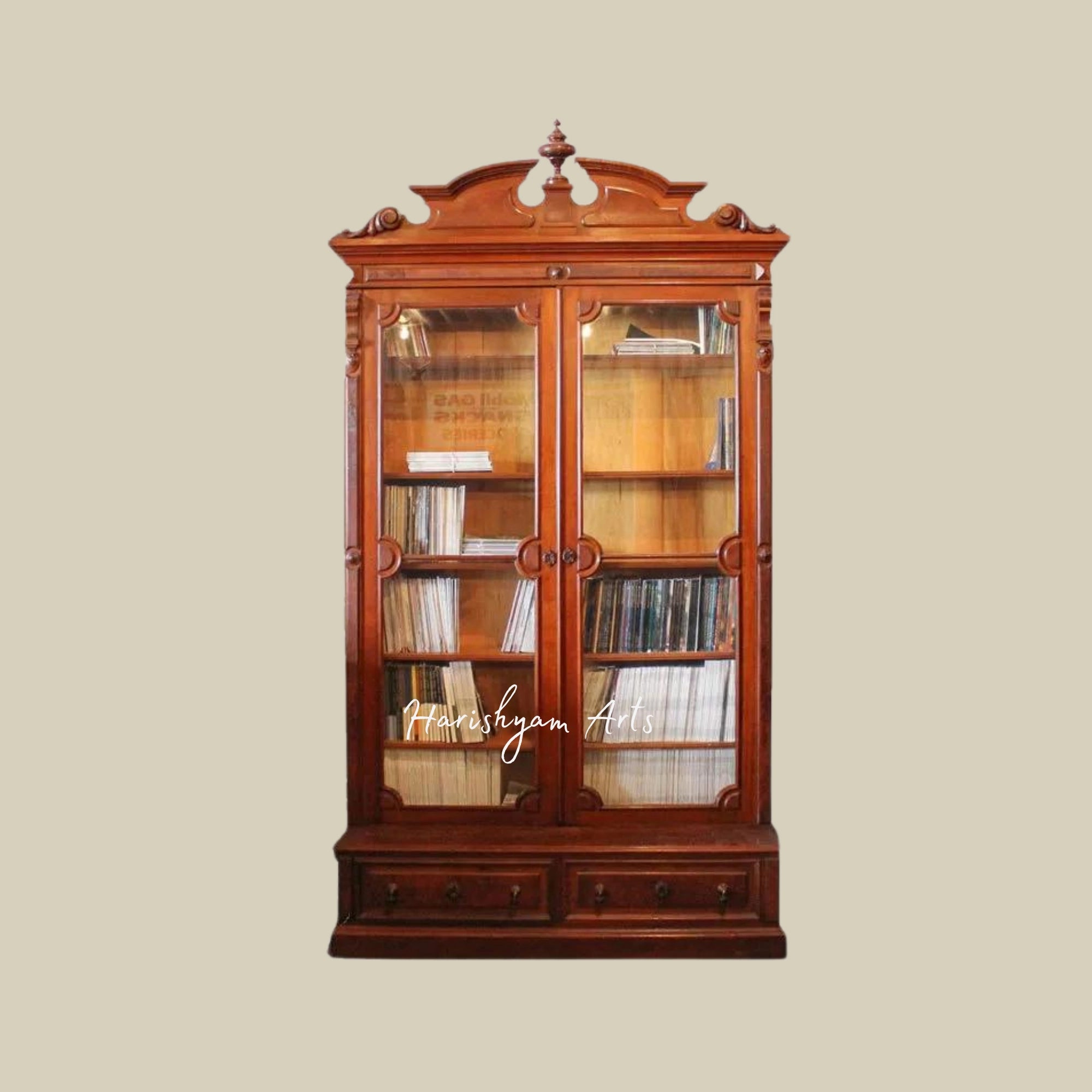 70" Antique Victorian Walnut Bookshelf - Tall Bookcase with Two Glass Doors2