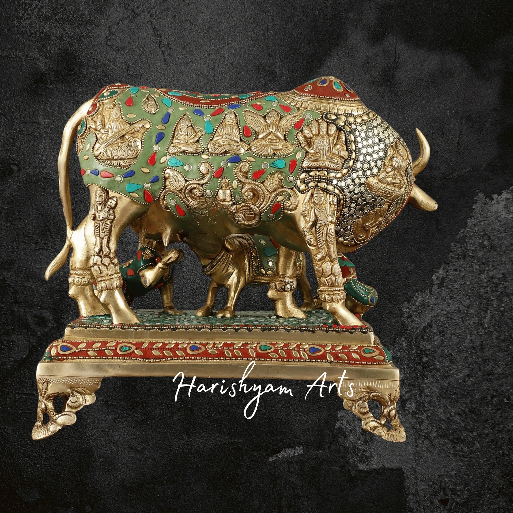 18" Handcrafted Brass Cow and Calf with Deities for Mandir Use