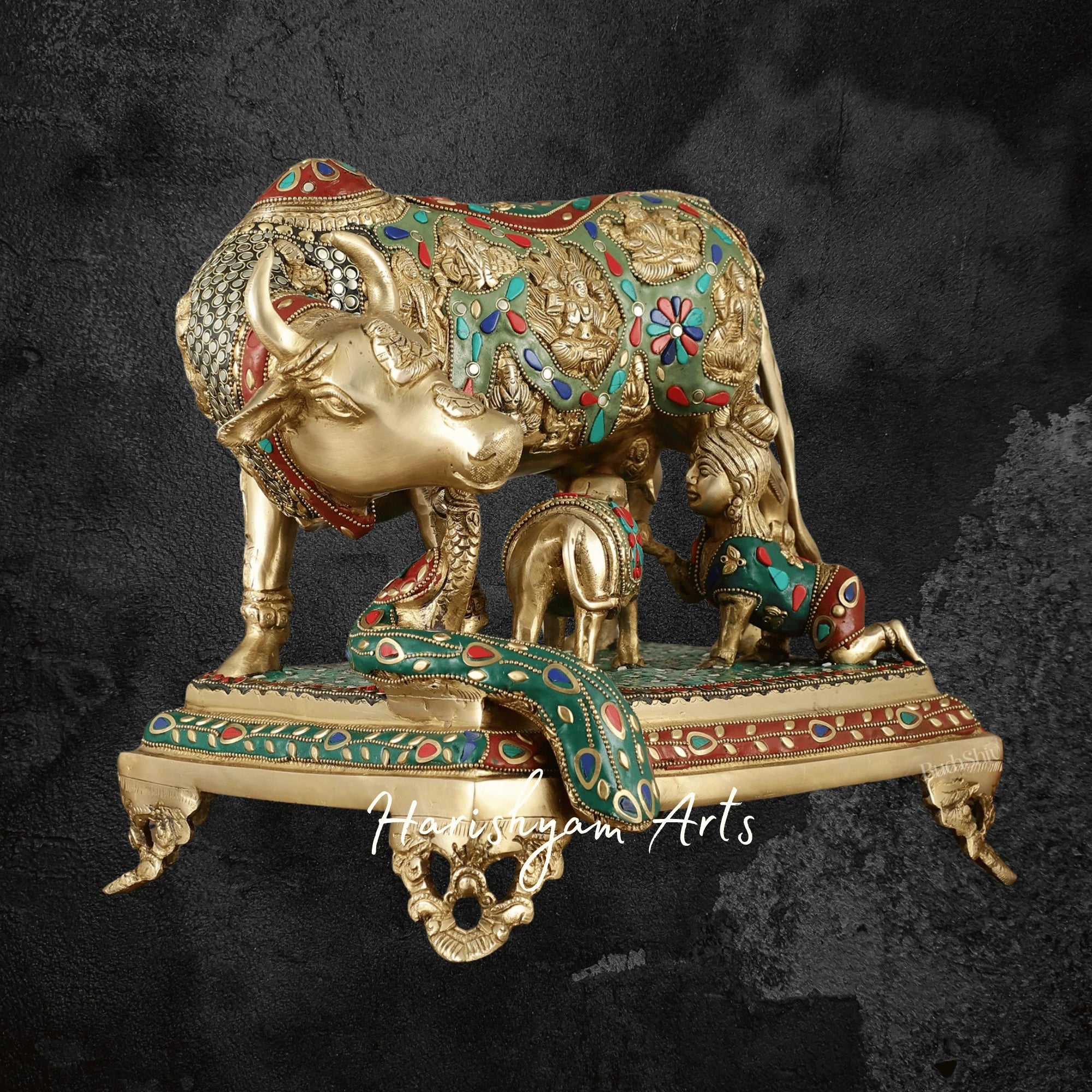 18" Handcrafted Brass Cow and Calf with Deities for Mandir Use