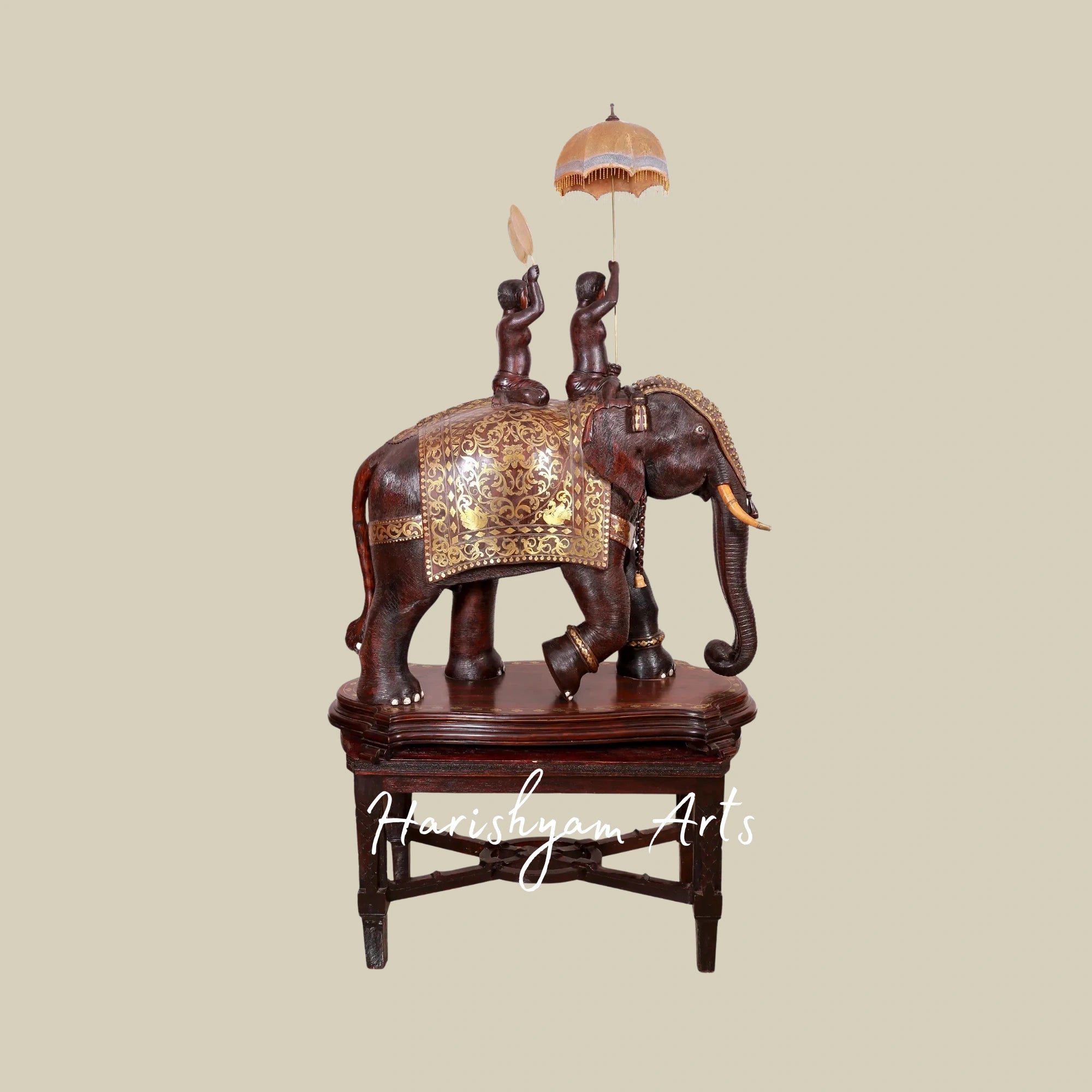 72" Authentic Kerala-Style Wooden Elephant Sculpture Large Carved Decor Piece