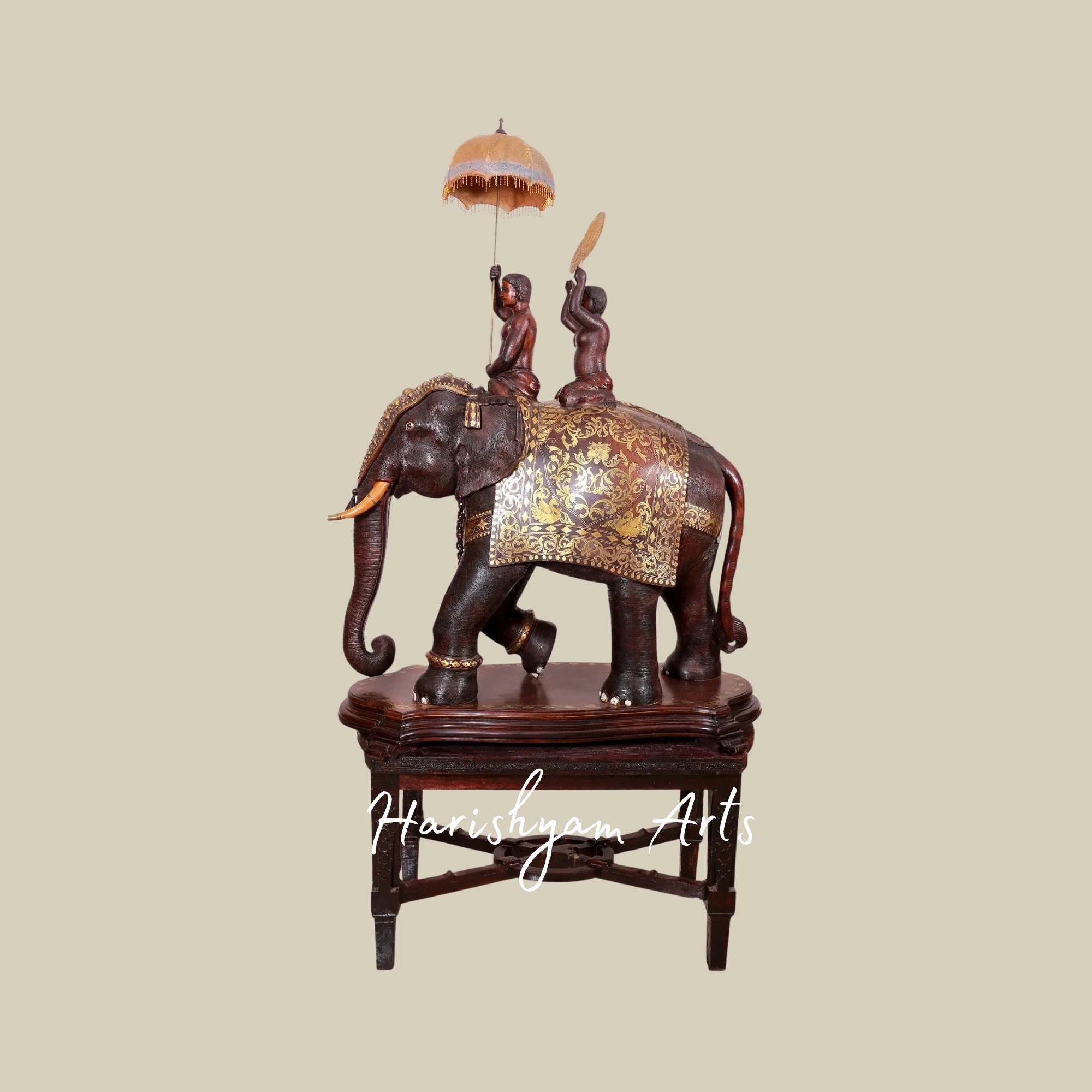 72" Authentic Kerala-Style Wooden Elephant Sculpture Large Carved Decor Piece