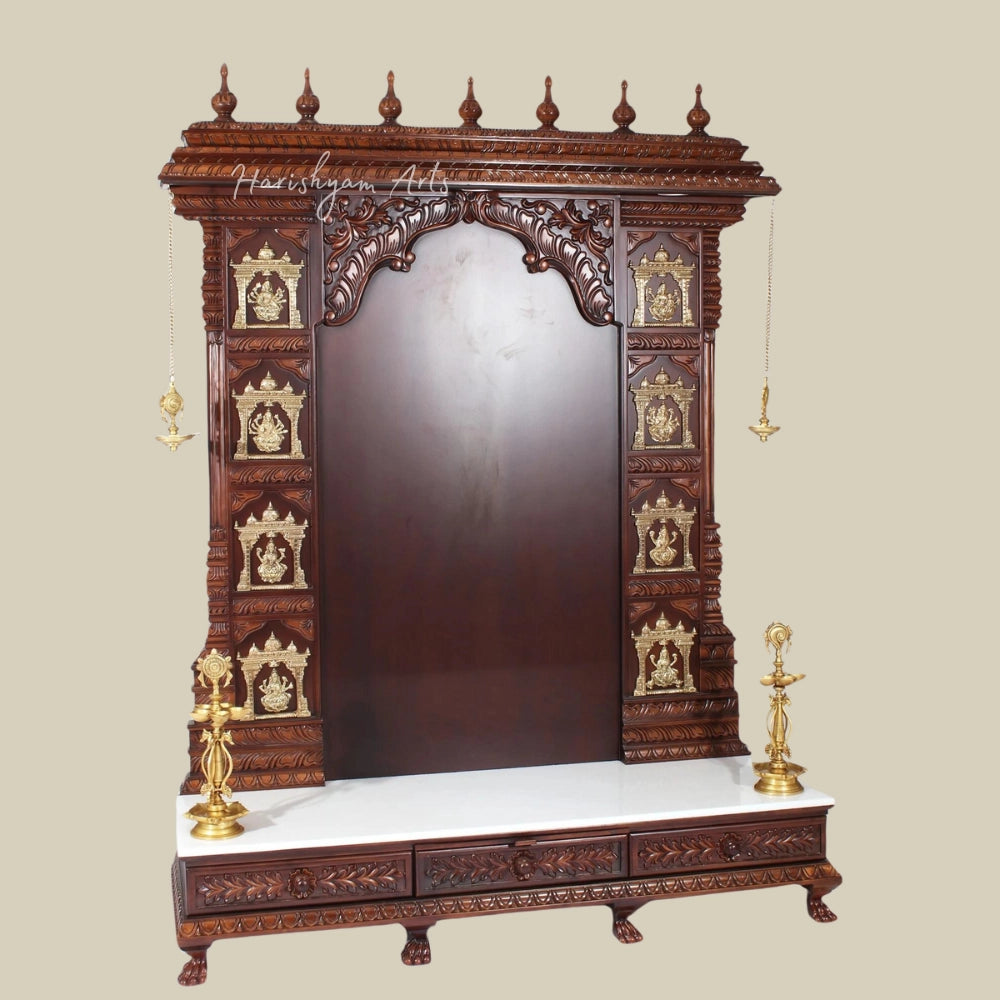 74" Large Ashta Lakshmi Teak Wood Temple With Brass Work