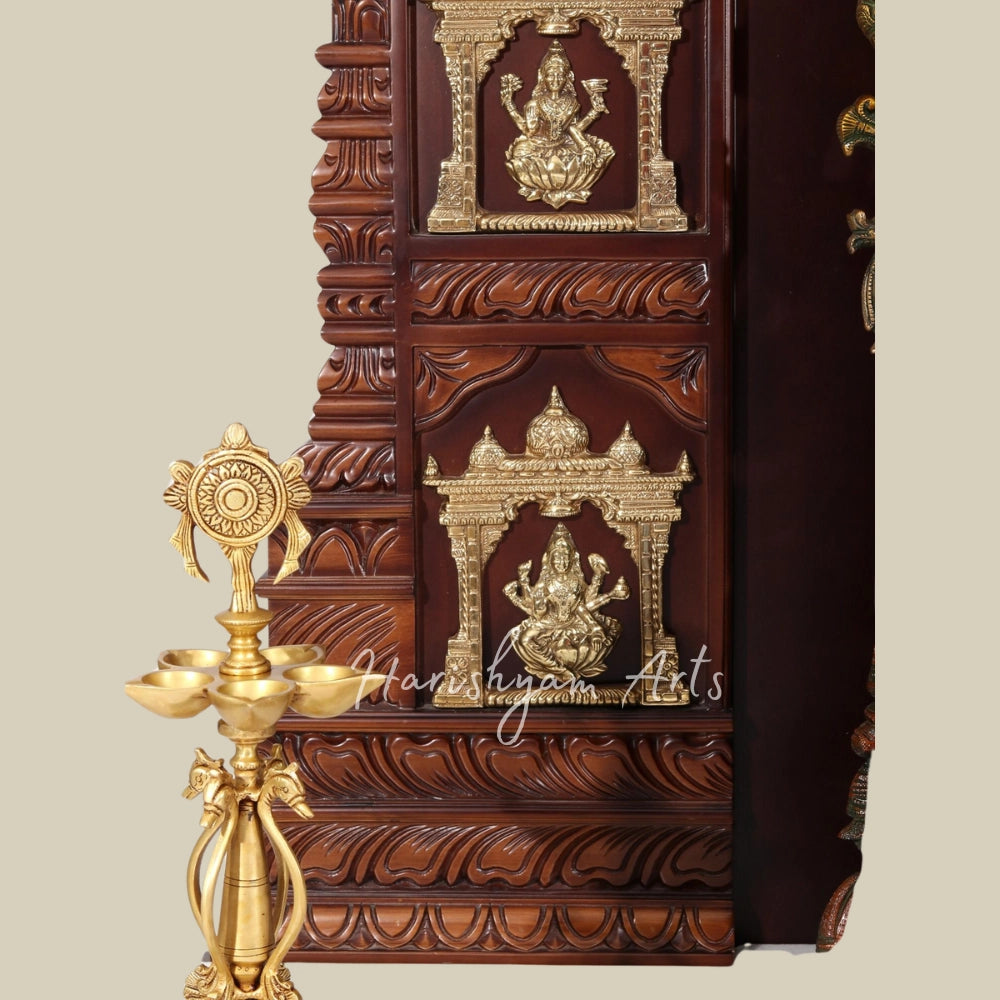 74" Large Ashta Lakshmi Teak Wood Temple With Brass Work