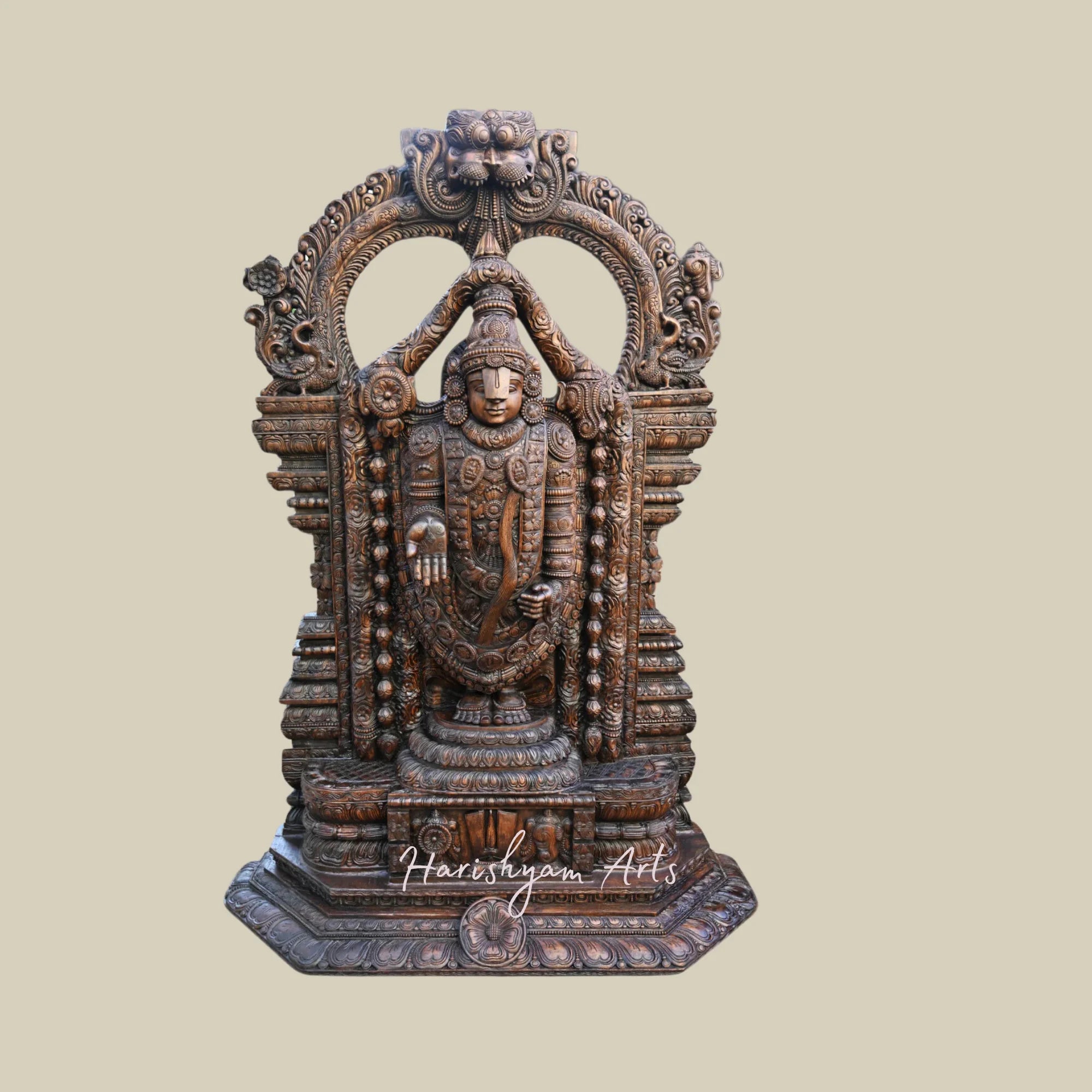 79" Large Standing Lord Venkatajalapathy Wooden Statue with Decorative Prabhavali and Shank, Ram, Chakra Details