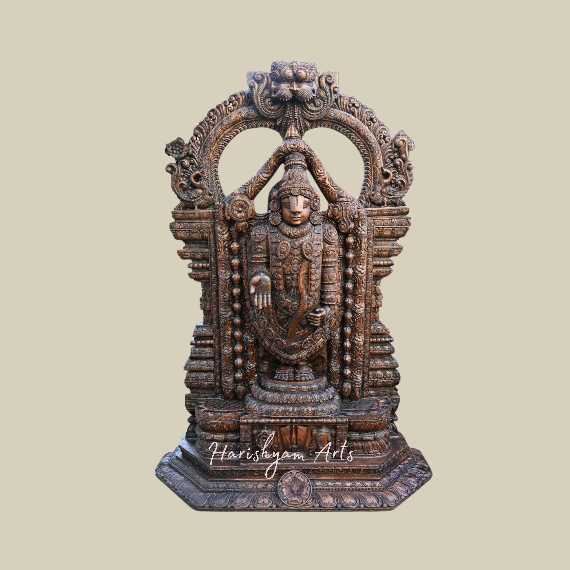 79" Large Standing Lord Venkatajalapathy Wooden Statue with Decorative Prabhavali and Shank, Ram, Chakra Details1