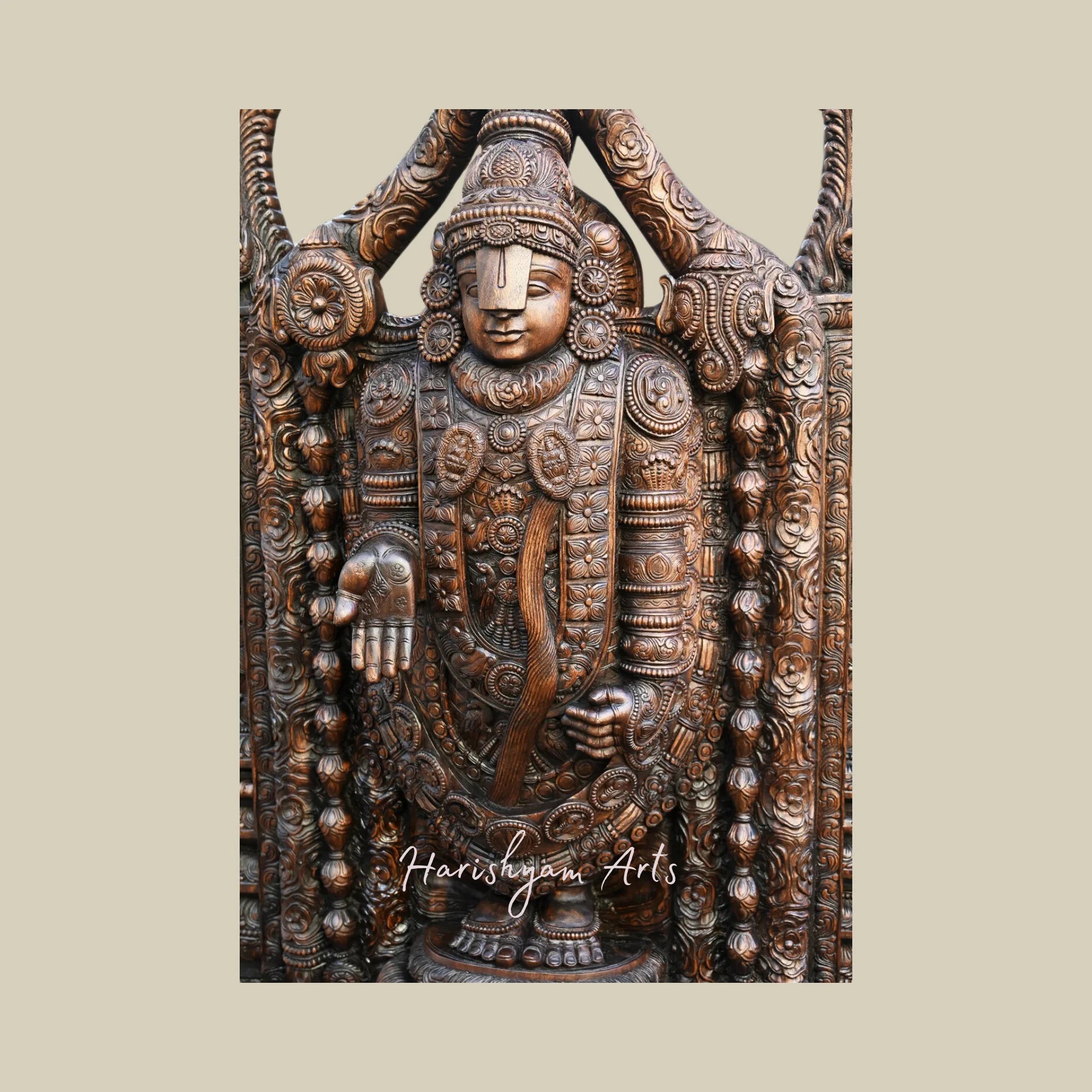 79" Large Standing Lord Venkatajalapathy Wooden Statue with Decorative Prabhavali and Shank, Ram, Chakra Details2