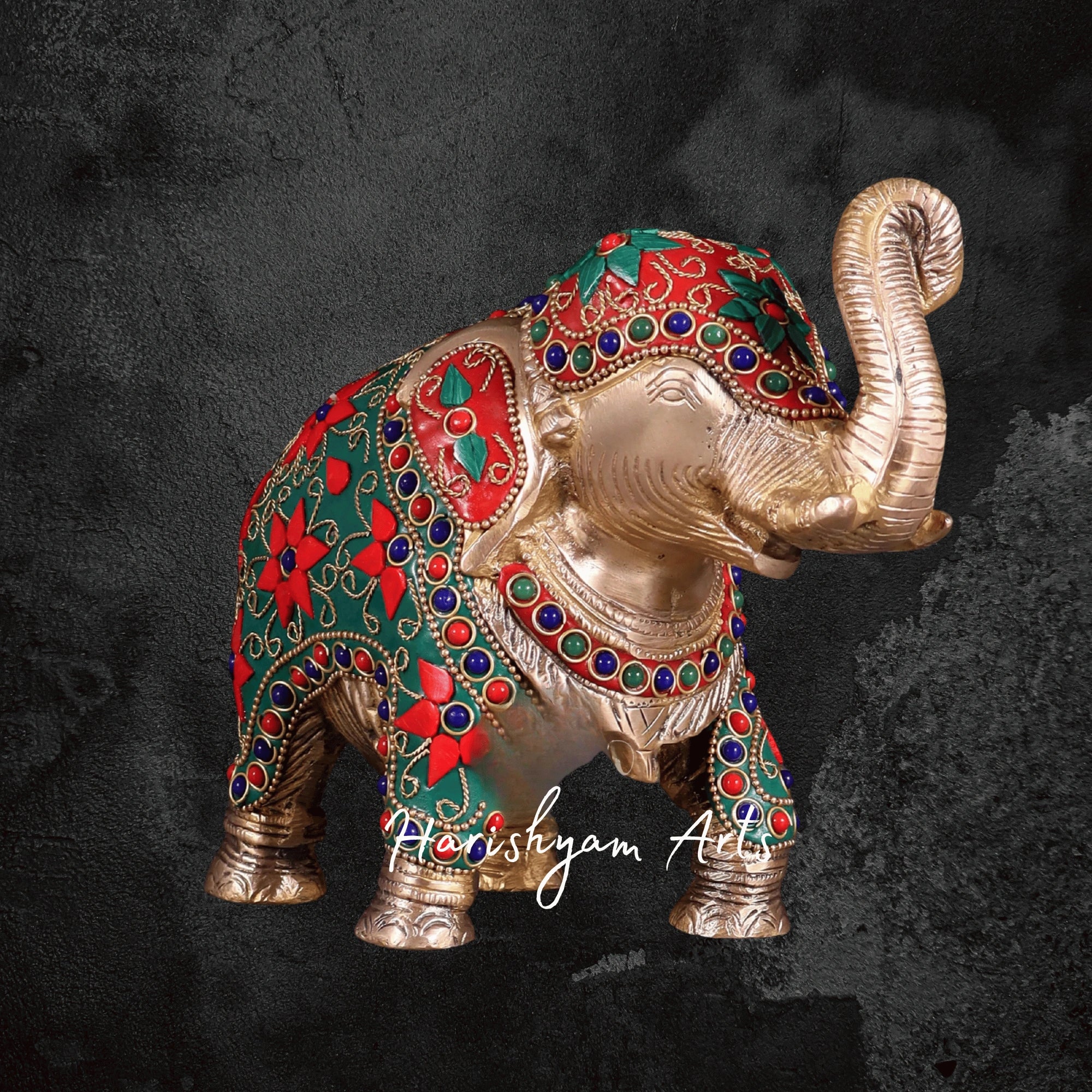 7" Decorative Brass Elephant with Intricate Floral Stone Inlay