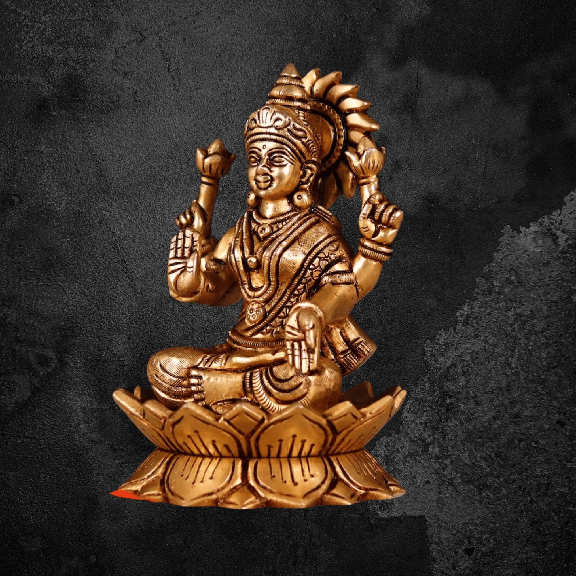 7" Engraved Brass Laxmi Idol with Divine Detailing for Pooja