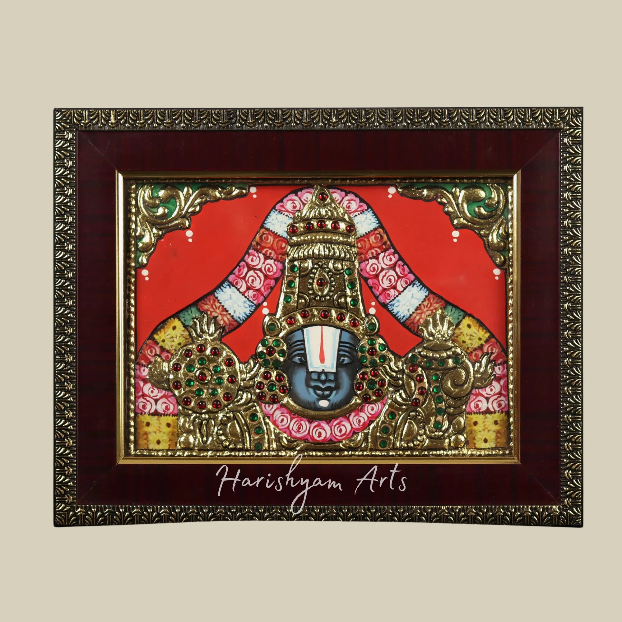 7" Framed Tanjore Painting of Lord Venkateswara Bust with Exquisite Detailing
