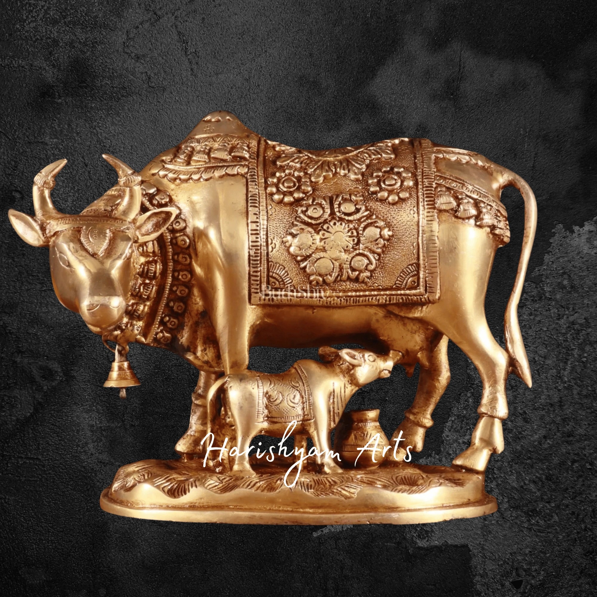 7" Large Decorative Brass Kamdhenu Cow with Calf for Mandir Setting