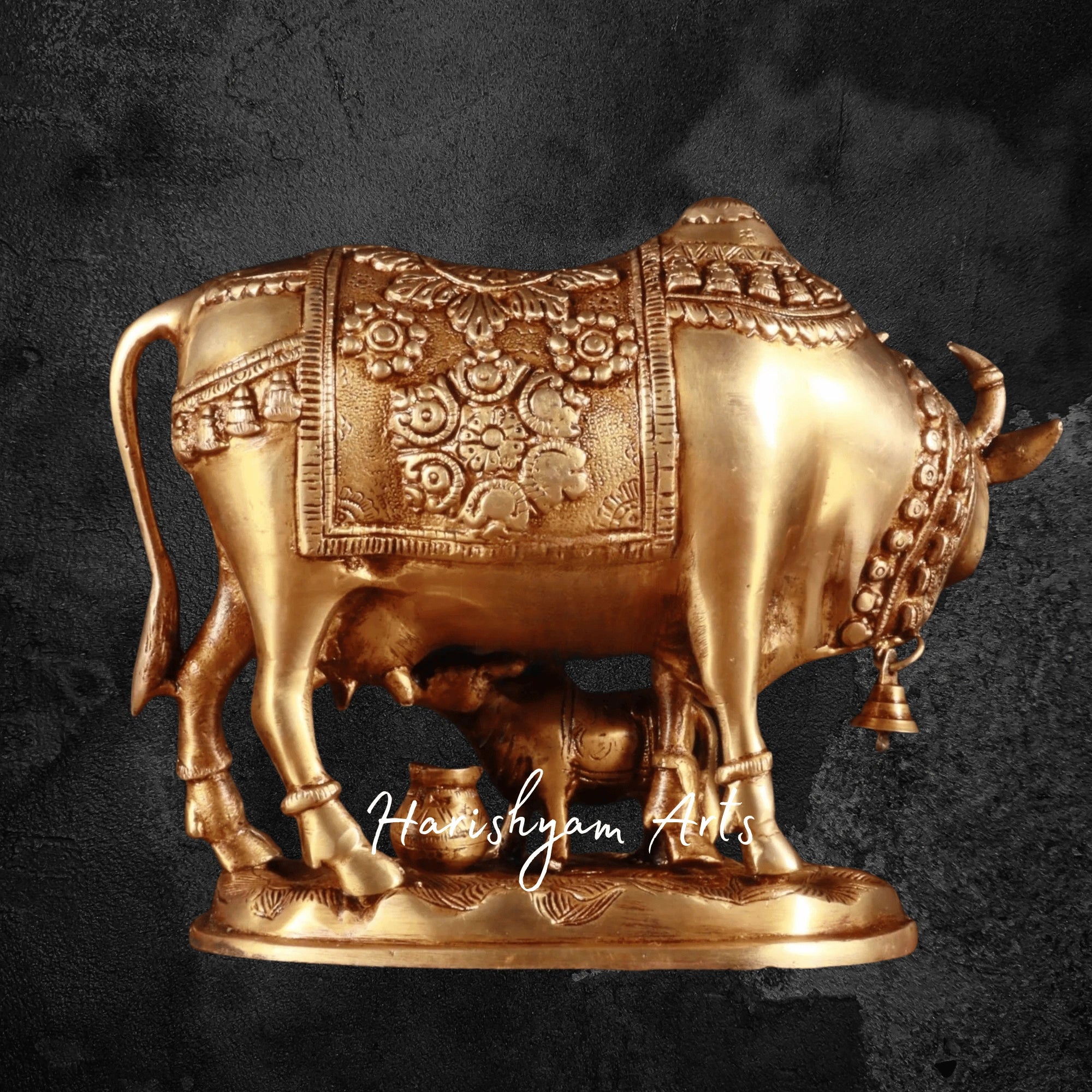 7" Large Decorative Brass Kamdhenu Cow with Calf for Mandir Setting