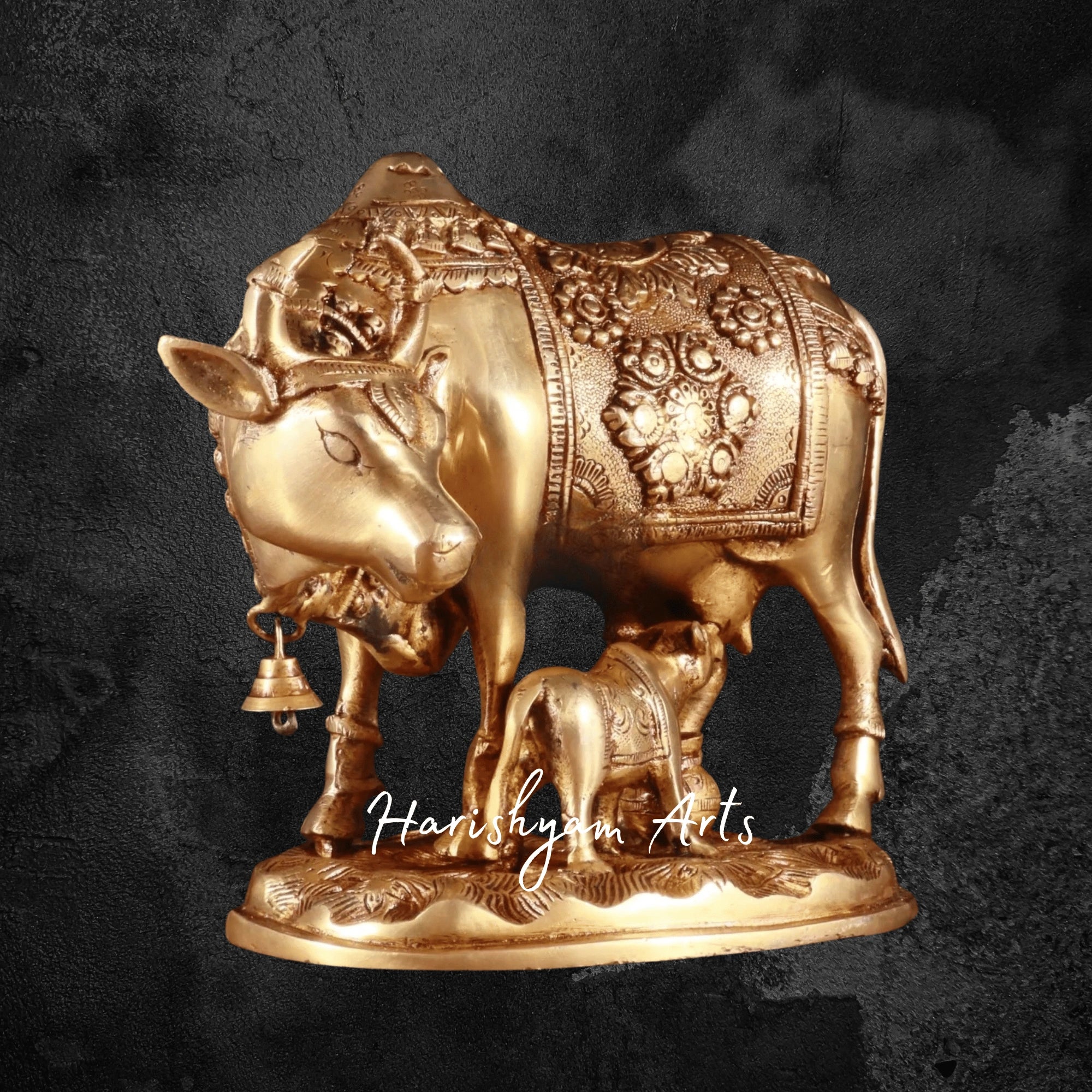 7" Large Decorative Brass Kamdhenu Cow with Calf for Mandir Setting