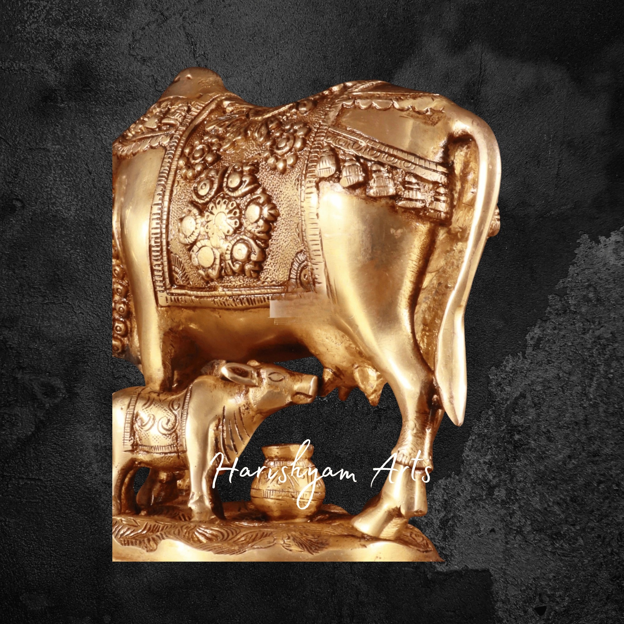 7" Large Decorative Brass Kamdhenu Cow with Calf for Mandir Setting