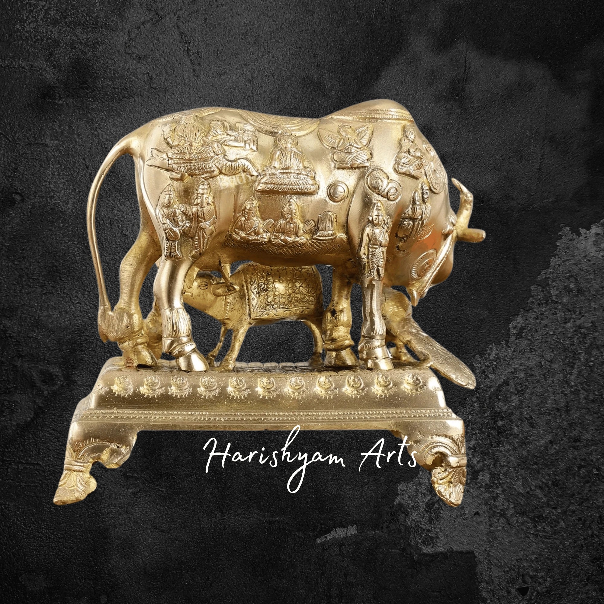 7" Sacred Brass Kaamdhenu Cow and Calf Statue with Spiritual Appeal
