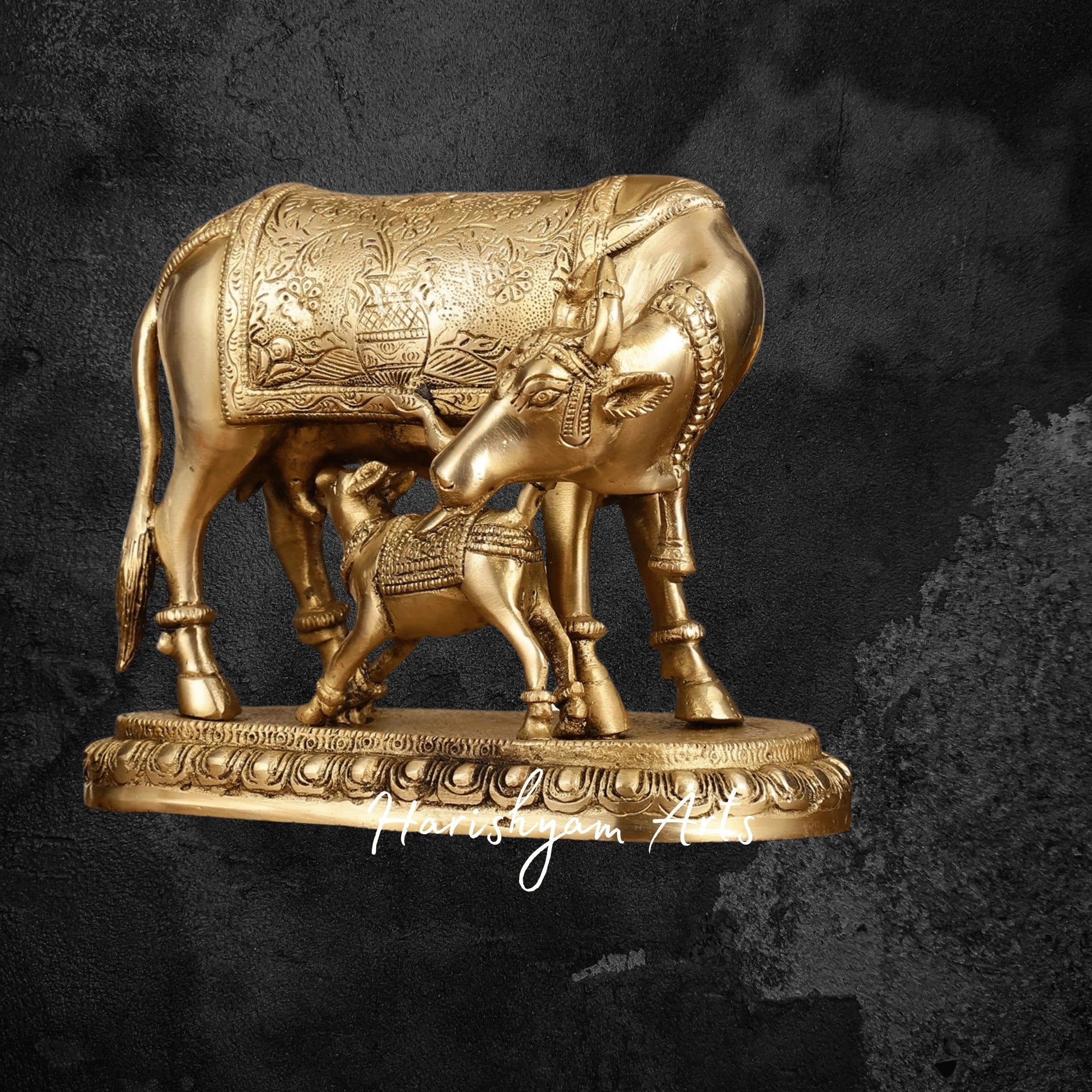 7" Sacred Brass Kaamdhenu Cow and Calf Statue with Spiritual Appeal
