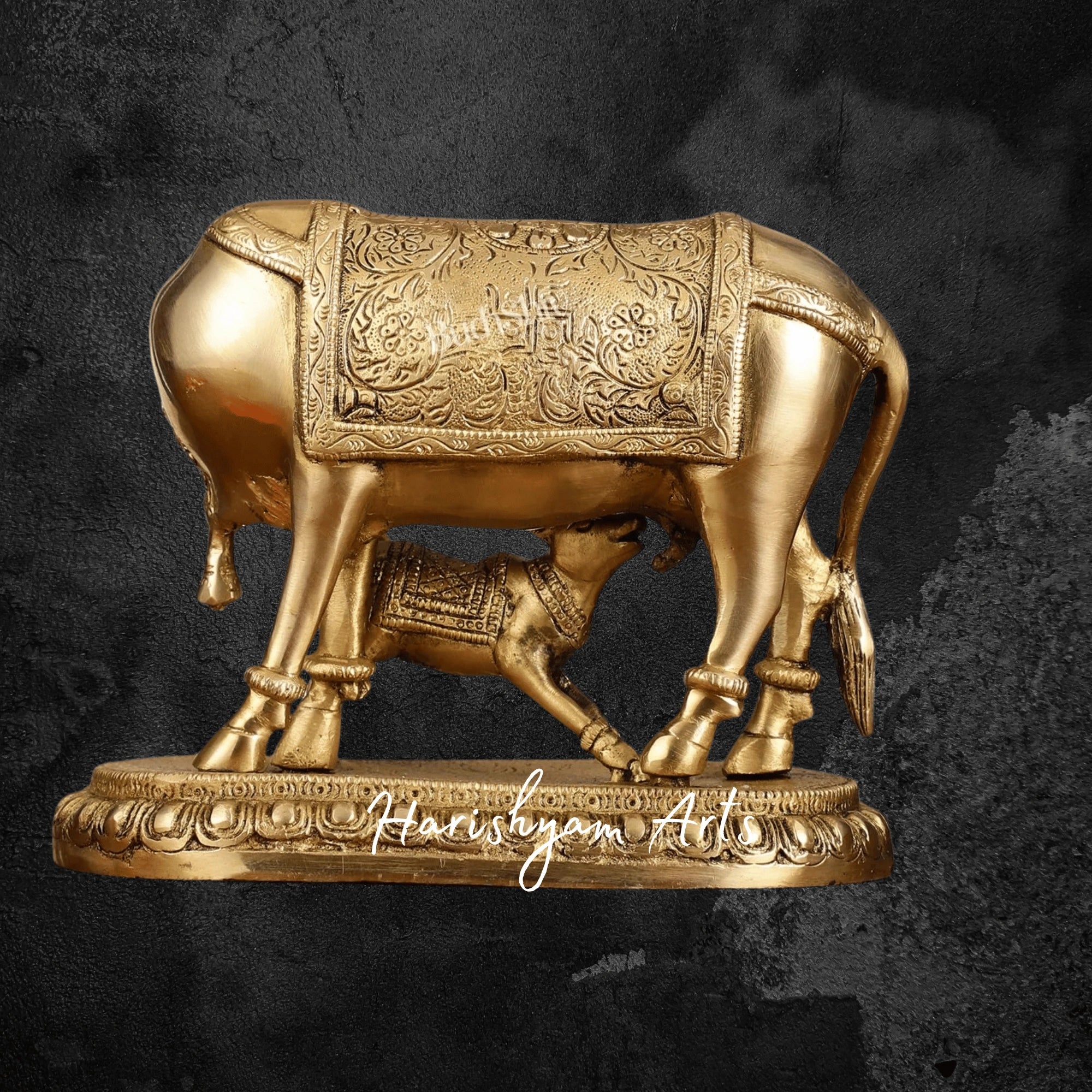 7" Sacred Brass Kaamdhenu Cow and Calf Statue with Spiritual Appeal