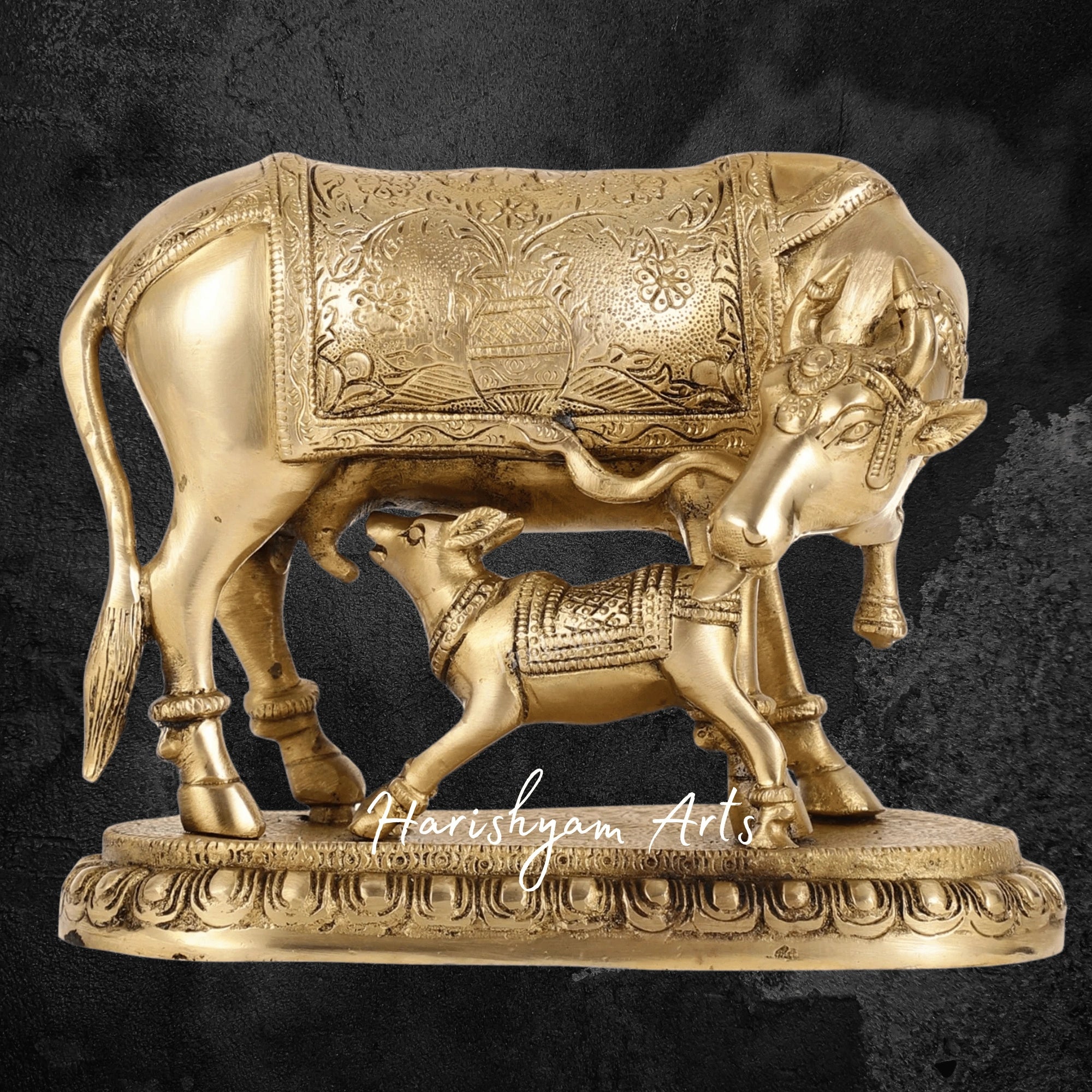 7" Sacred Brass Kaamdhenu Cow and Calf Statue with Spiritual Appeal