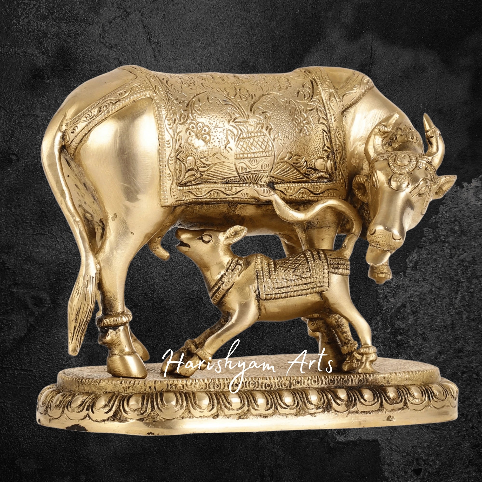 7" Sacred Brass Kaamdhenu Cow and Calf Statue with Spiritual Appeal