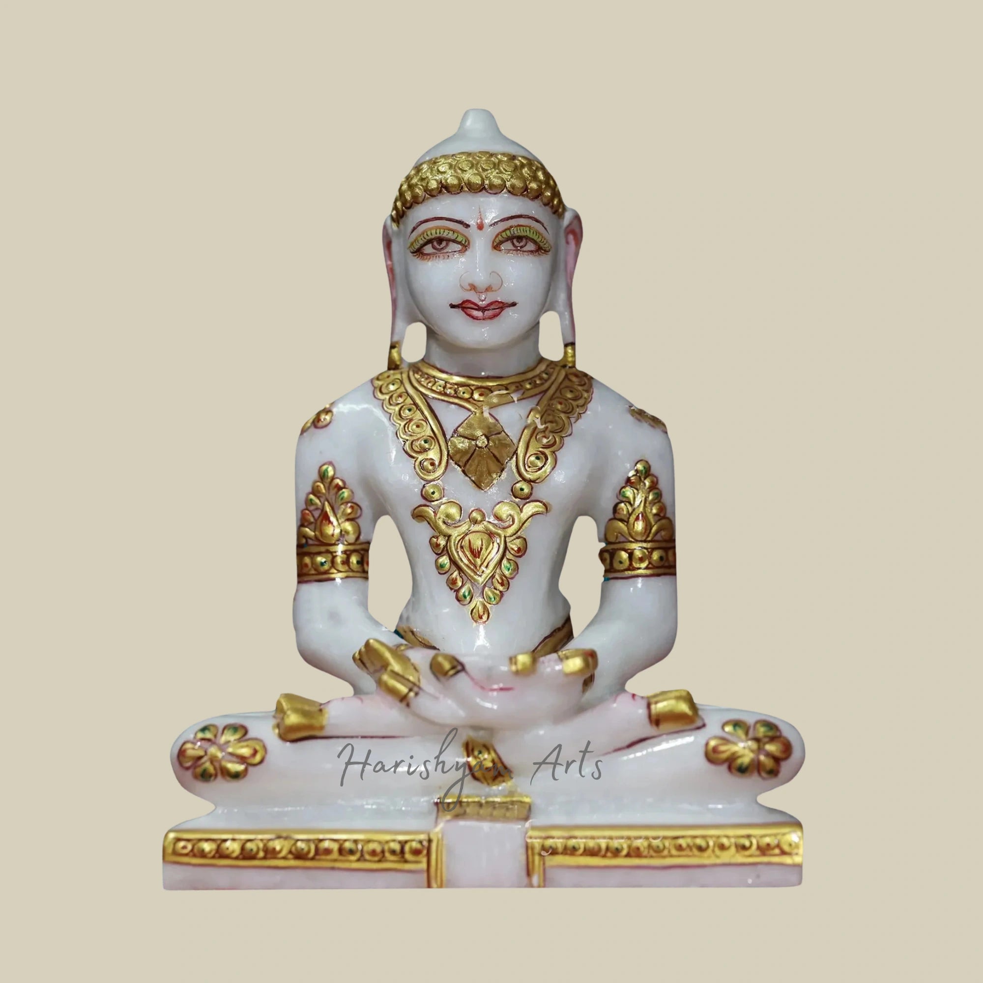 7" Sitting Mahavir Jain Idol Crafted from Super White Makrana Marble