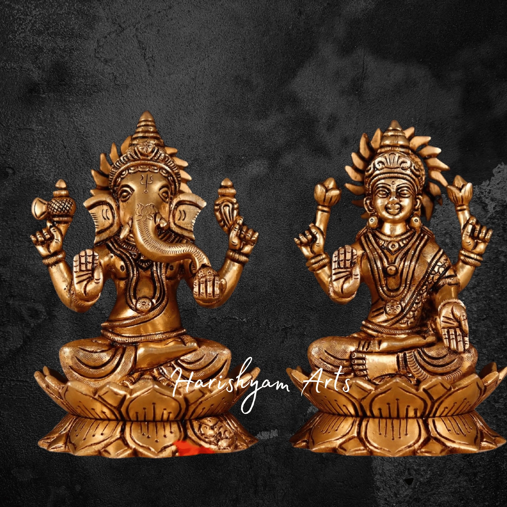 7" Traditional Brass Lakshmi Ganesha Statue with Prabhavali