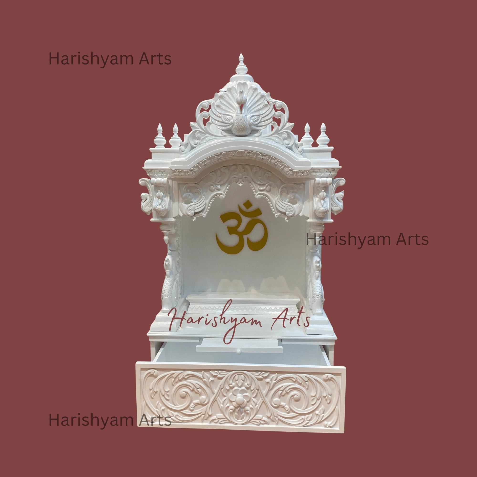 48" White Teak Wood Mandir with "Golden OM"
