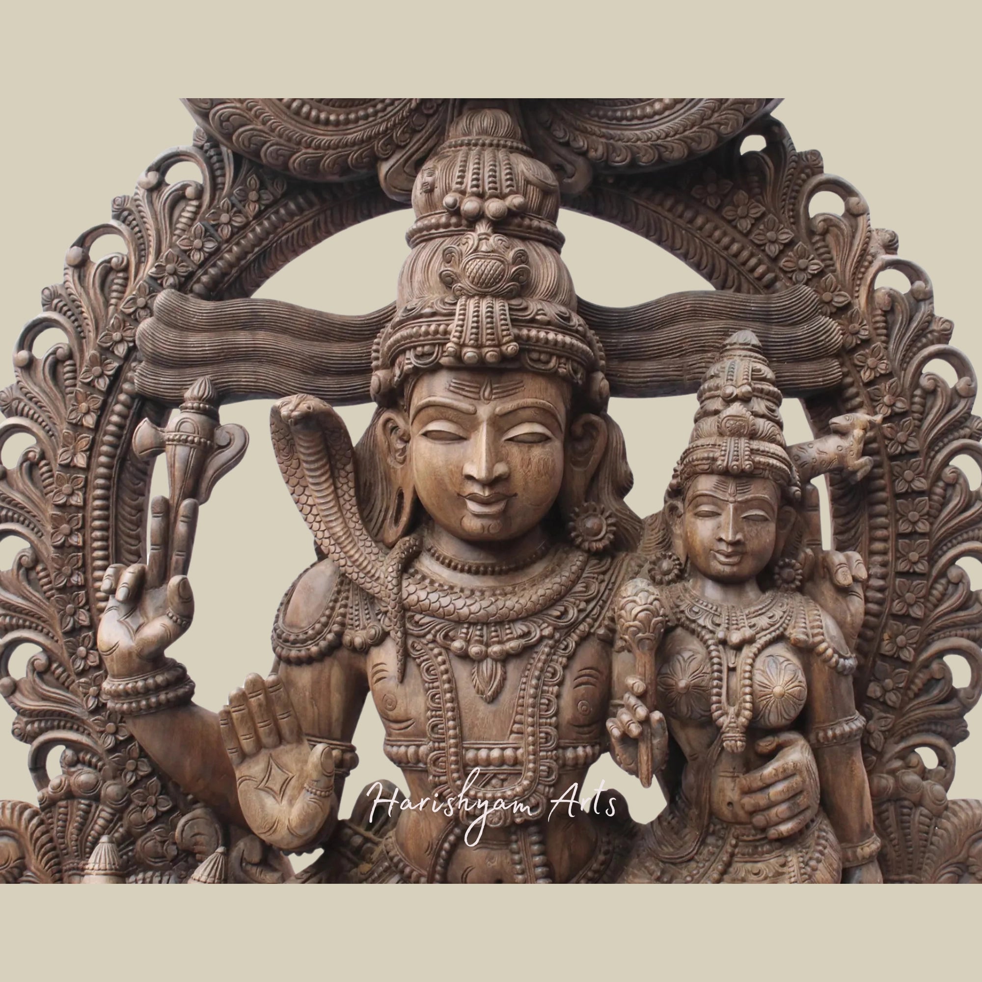 81" Uma-Maheshwara Large Wooden Shiva Parvati Seated on Nandi with Kirtimukha Arch Lord Shiva Wooden Statue for Temple