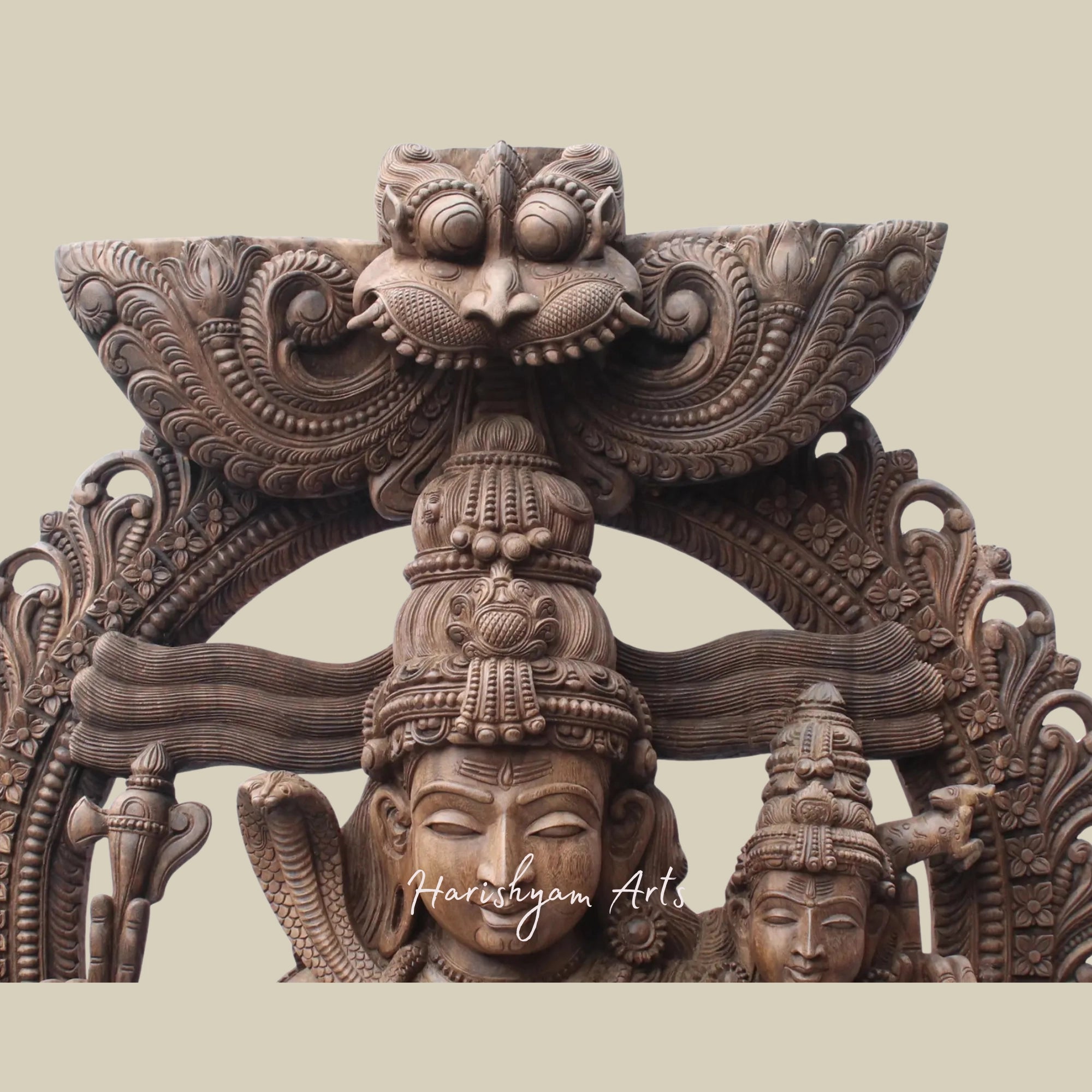 81" Uma-Maheshwara Large Wooden Shiva Parvati Seated on Nandi with Kirtimukha Arch Lord Shiva Wooden Statue for Temple1