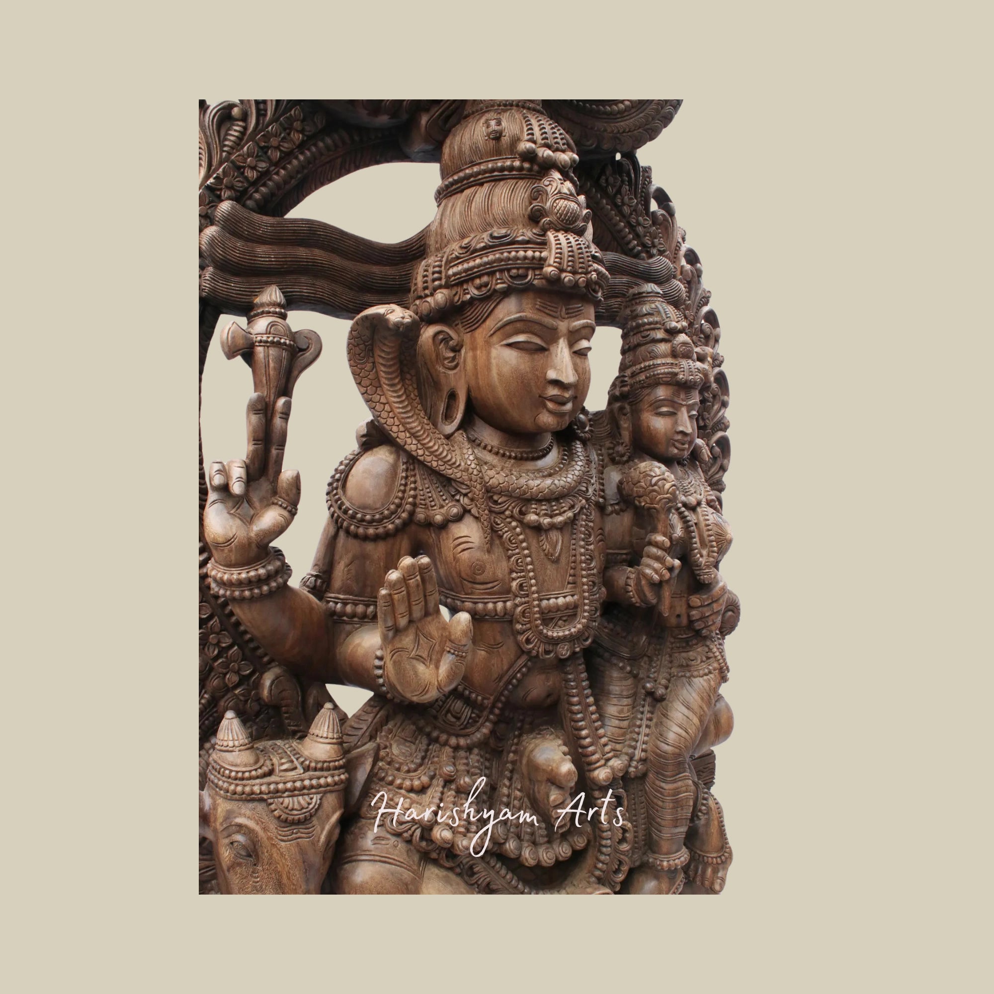 81" Uma-Maheshwara Large Wooden Shiva Parvati Seated on Nandi with Kirtimukha Arch Lord Shiva Wooden Statue for Temple10