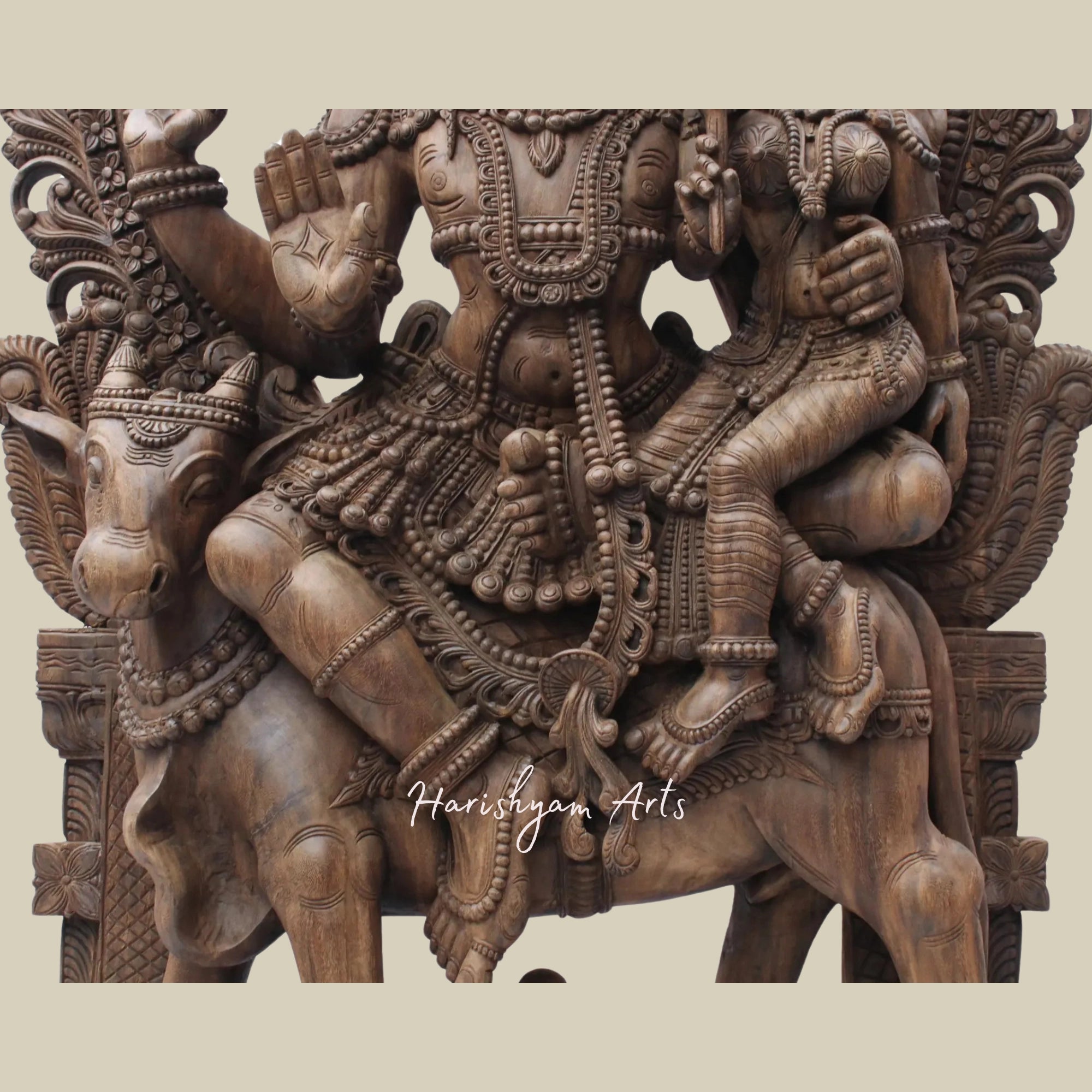 81" Uma-Maheshwara Large Wooden Shiva Parvati Seated on Nandi with Kirtimukha Arch Lord Shiva Wooden Statue for Temple2