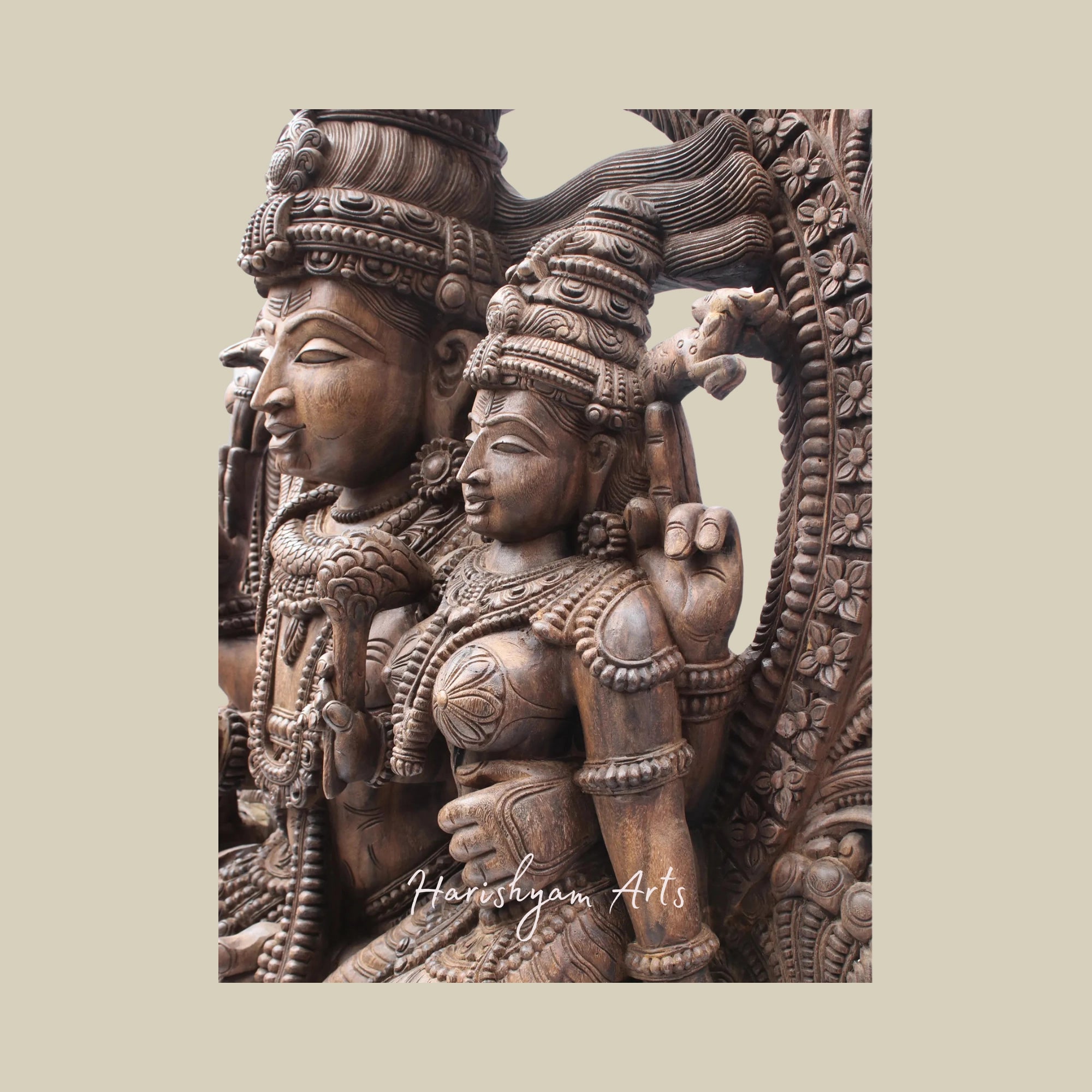 81" Uma-Maheshwara Large Wooden Shiva Parvati Seated on Nandi with Kirtimukha Arch Lord Shiva Wooden Statue for Temple7