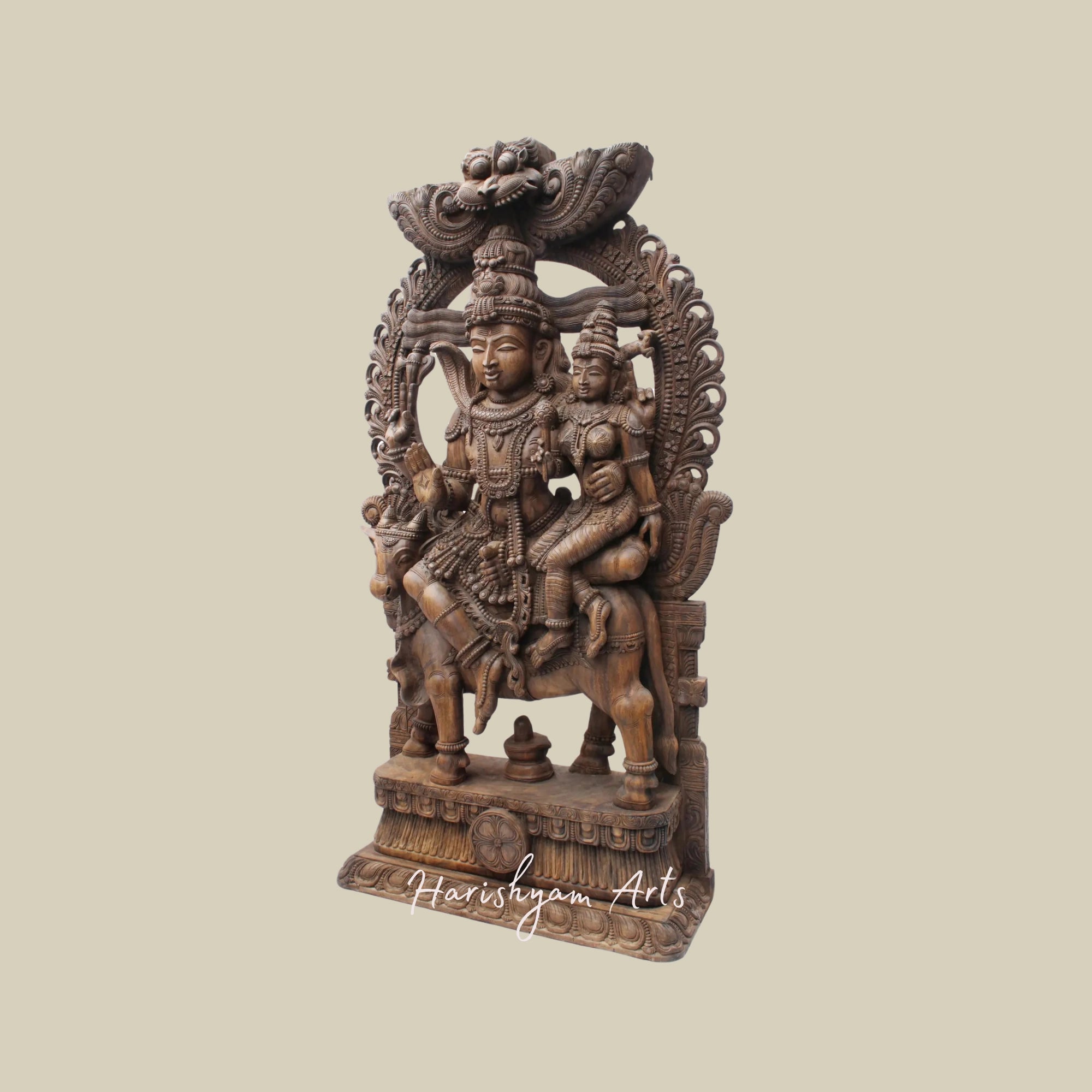 81" Uma-Maheshwara Large Wooden Shiva Parvati Seated on Nandi with Kirtimukha Arch Lord Shiva Wooden Statue for Temple8