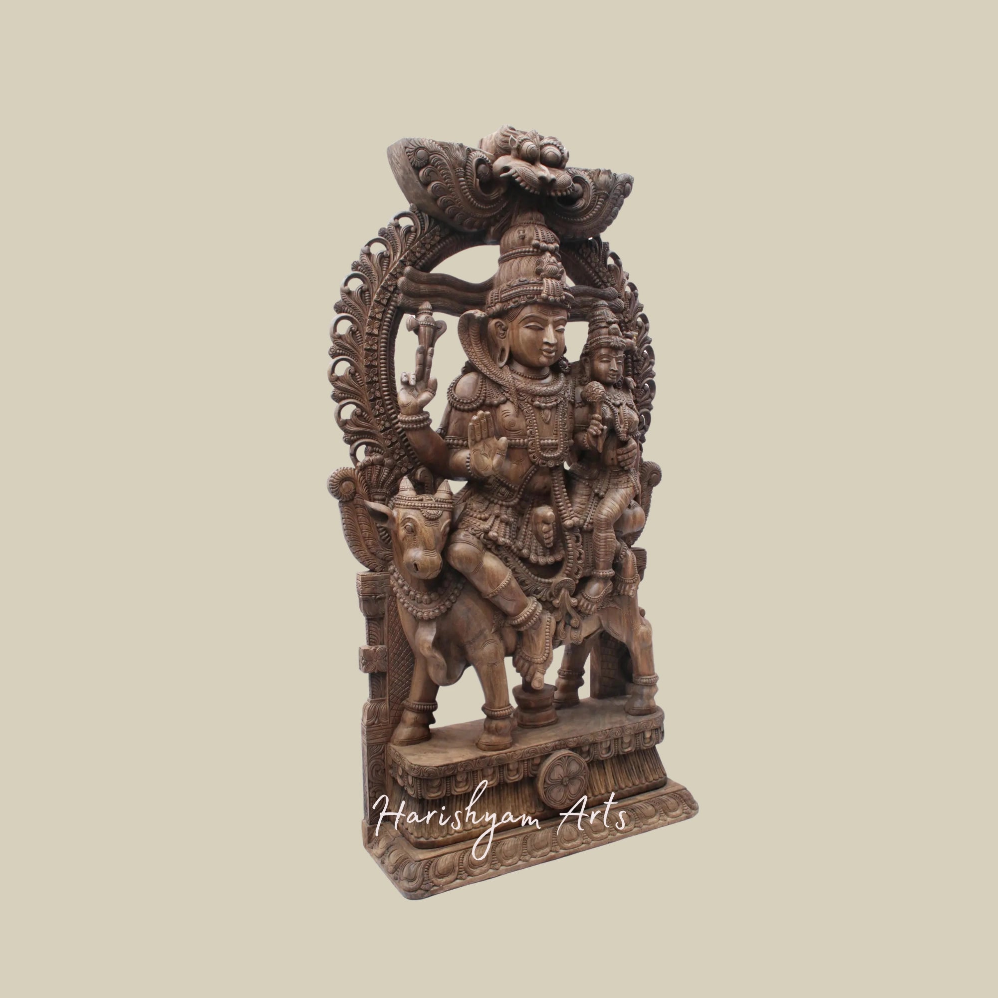 81" Uma-Maheshwara Large Wooden Shiva Parvati Seated on Nandi with Kirtimukha Arch Lord Shiva Wooden Statue for Temple9